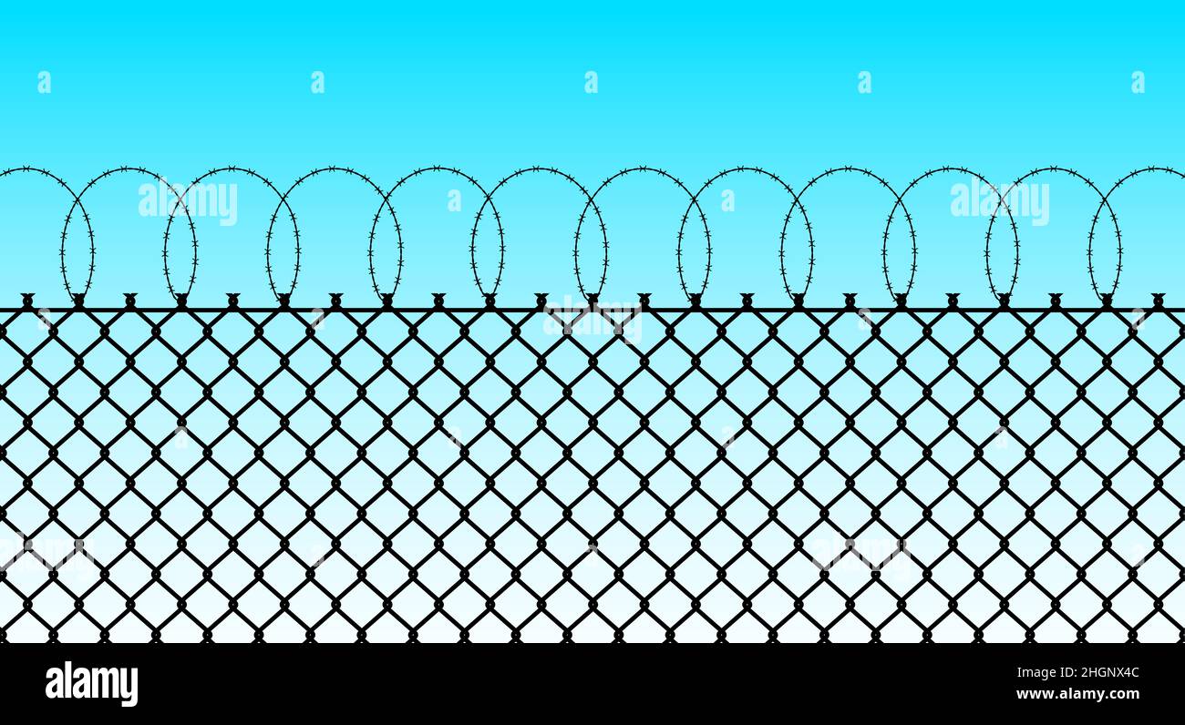 Chain link fence with spiral barbed wire silhouette on the blue sky background. Wire mesh, steel metal prison or restricted area barrier. Flat vector Stock Vector