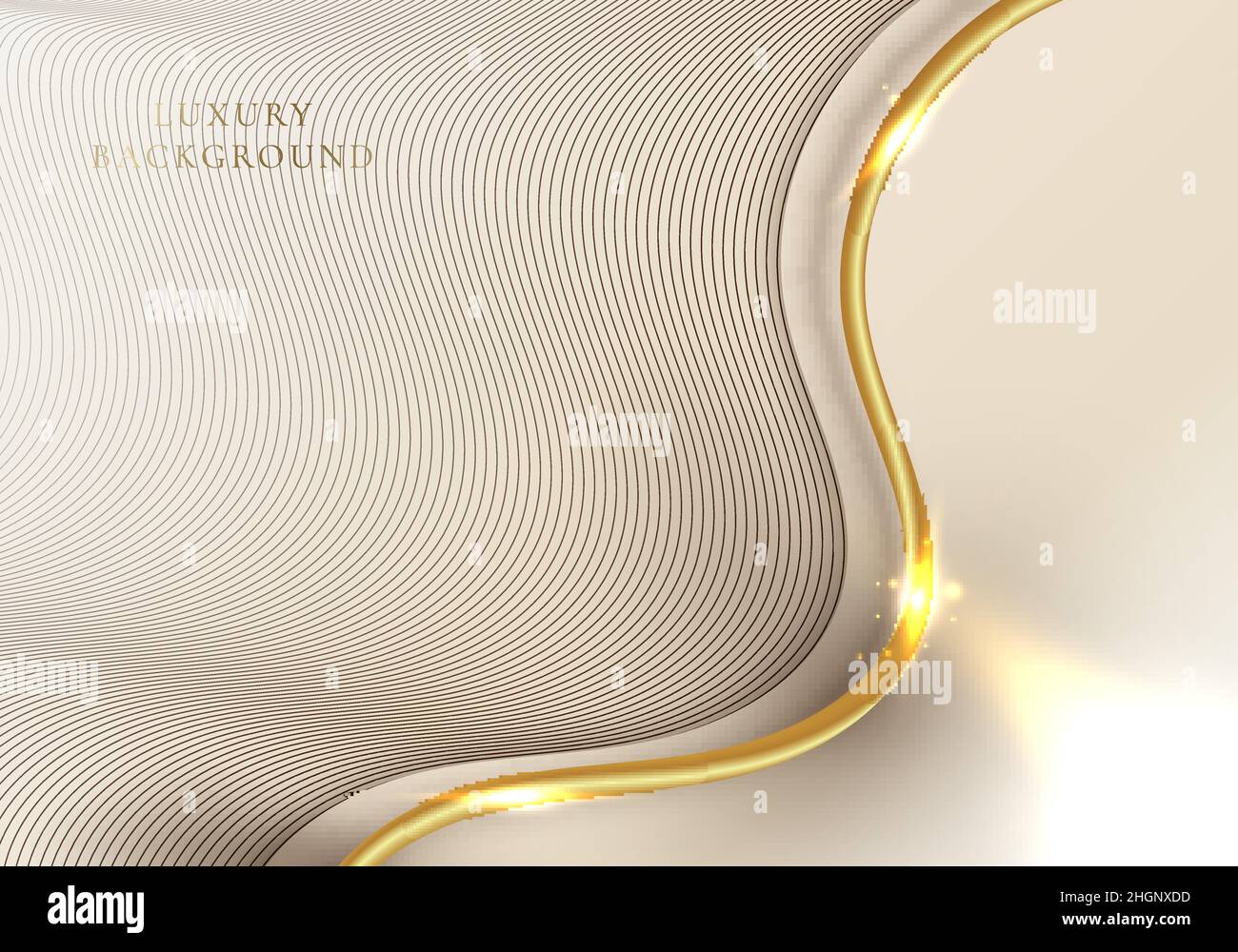 Abstract elegant template design 3D golden wave curved line elements with lighting effect on light brown background. Modern luxury style. Vector graph Stock Vector