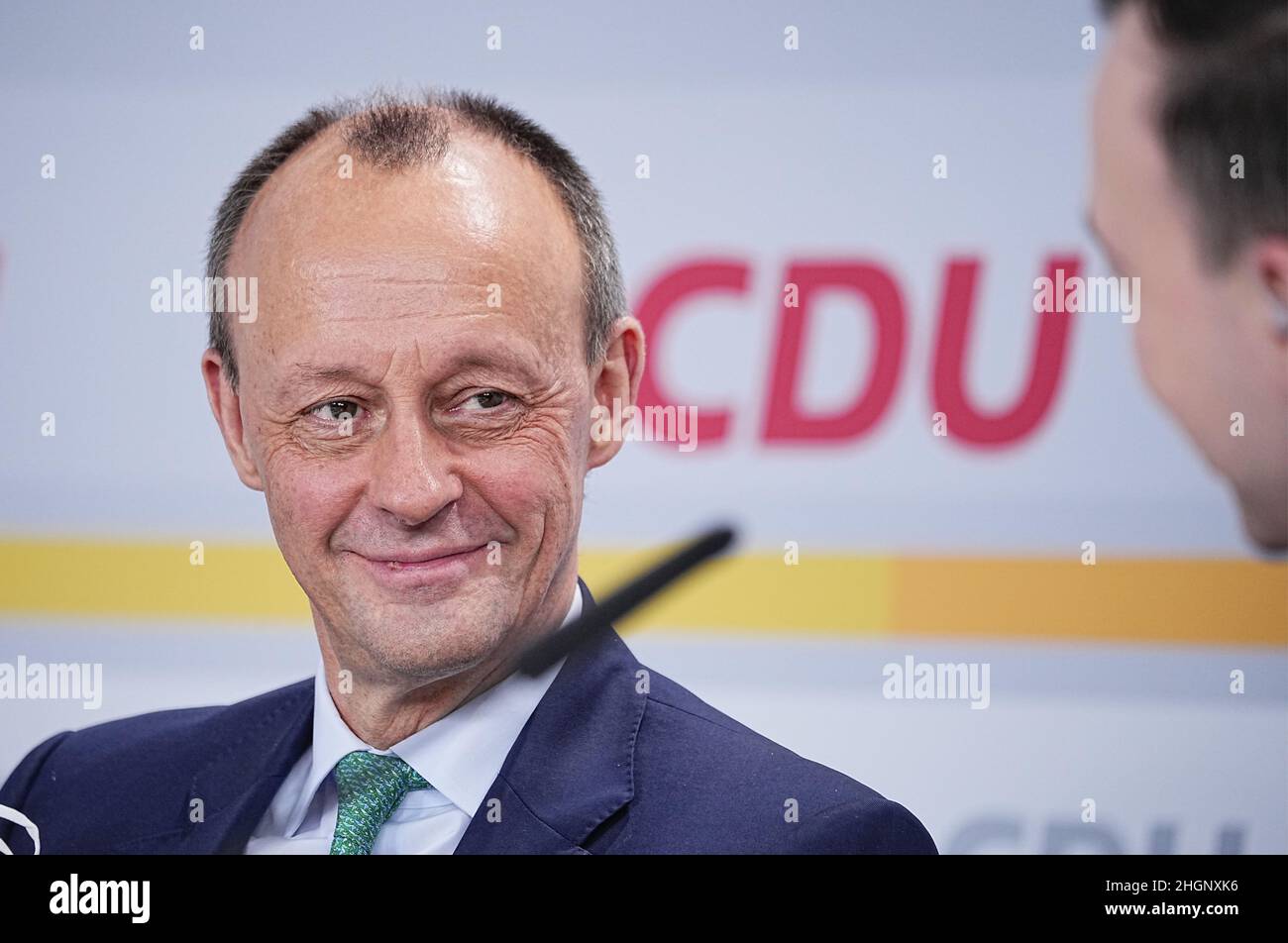 Berlin, Germany. 22nd Jan, 2022. Friedrich Merz, future federal chairman of the CDU, watches the CDU's federal party conference at the Konrad Adenauer House. At the 34th CDU party congress, Merz was elected as the new federal chairman. Due to the pandemic, the party congress is being held purely digitally. The result of the election must therefore still be confirmed by postal vote. (to dpa portrait 'Merz - with clear edge and conservative profile to CDU renewer') Credit: Michael Kappeler/dpa/Alamy Live News Stock Photo