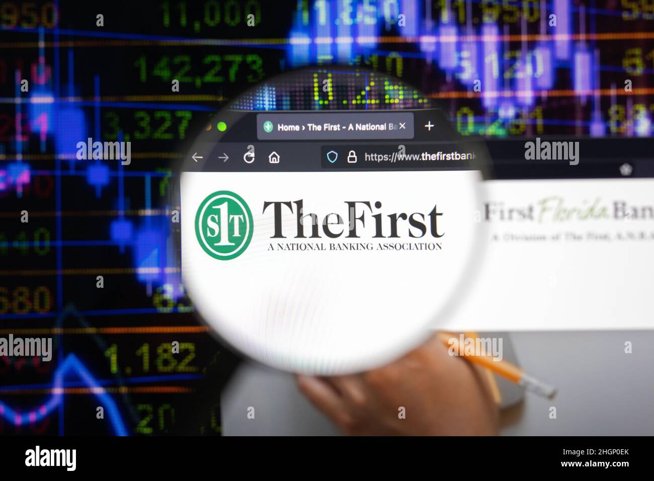 First Bancshares, Inc. company logo on a website with blurry stock market developments in the background, seen on a computer screen Stock Photo