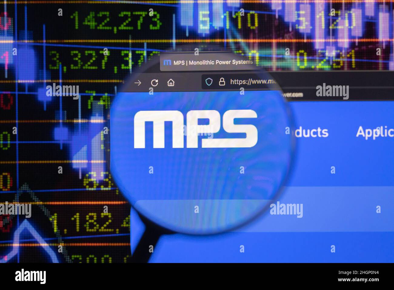 MPS company logo on a website with blurry stock market developments in the background, seen on a computer screen through a magnifying glass. Stock Photo