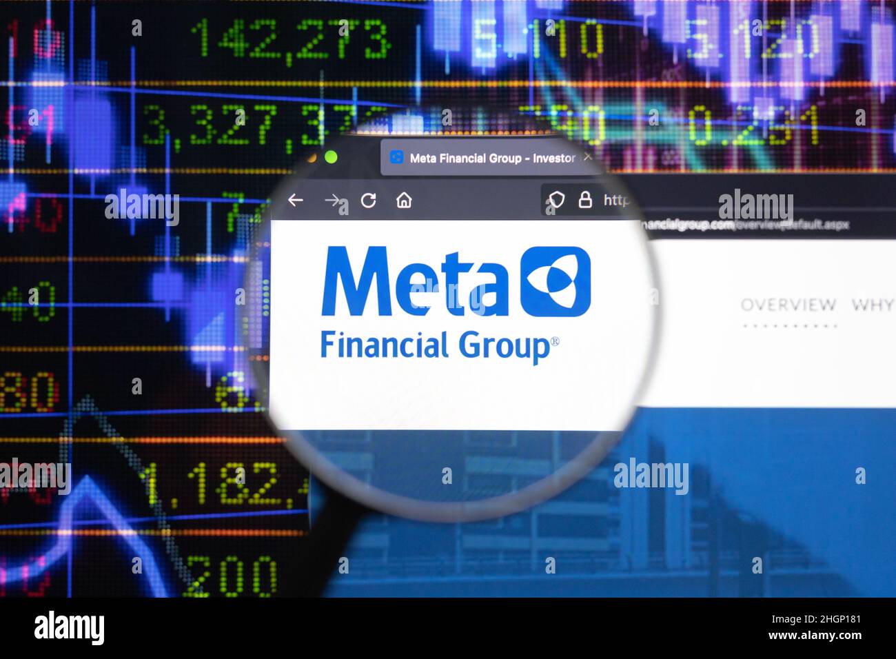 Meta Financial Group company logo on a website with blurry stock market developments in the background, seen on a computer screen Stock Photo