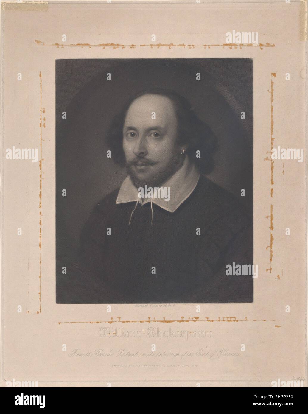 William Shakespeare 1849 Samuel Cousins Cousins based this mezzotint on the Chandos portrait of Shakespeare, a work with a good claim to be a lifetime representation. Once owned by the 3rd Duke of Chandos, the painting given to London's National Portrait Gallery in 1856 by Francis Egerton, 1st Earl of Ellesmere as the gallery’s founding portrait. The Bard wears a mustache, light beard, a dark doublet, white collar with open ties, and an earring. Most scholars today attribute the painting to John Taylor, an actor and painter-stainer who was its first recorded owner; others suggest Shakespeare's Stock Photo