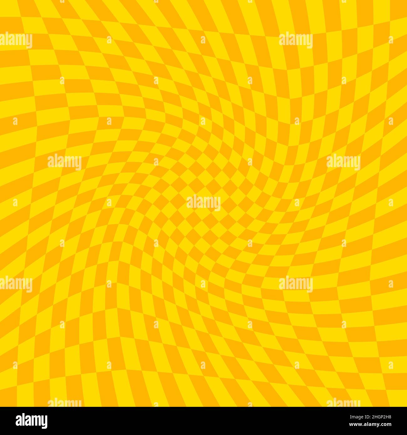 Distorted surface. Chess background with distortion. Optical illusion banner. Op art backdrop. Vector illustration. Checkered curved pattern. Stock Vector