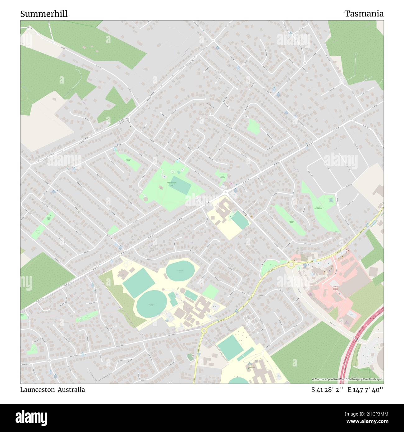 Summerhill, Launceston, Australia, Tasmania, S 41 28' 2'', E 147 7' 40'', map, Timeless Map published in 2021. Travelers, explorers and adventurers like Florence Nightingale, David Livingstone, Ernest Shackleton, Lewis and Clark and Sherlock Holmes relied on maps to plan travels to the world's most remote corners, Timeless Maps is mapping most locations on the globe, showing the achievement of great dreams Stock Photo