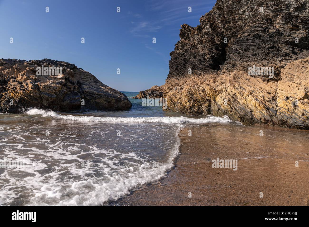 Rock formations at Llangrannog beach, Ceredigion, Wales Stock Photo