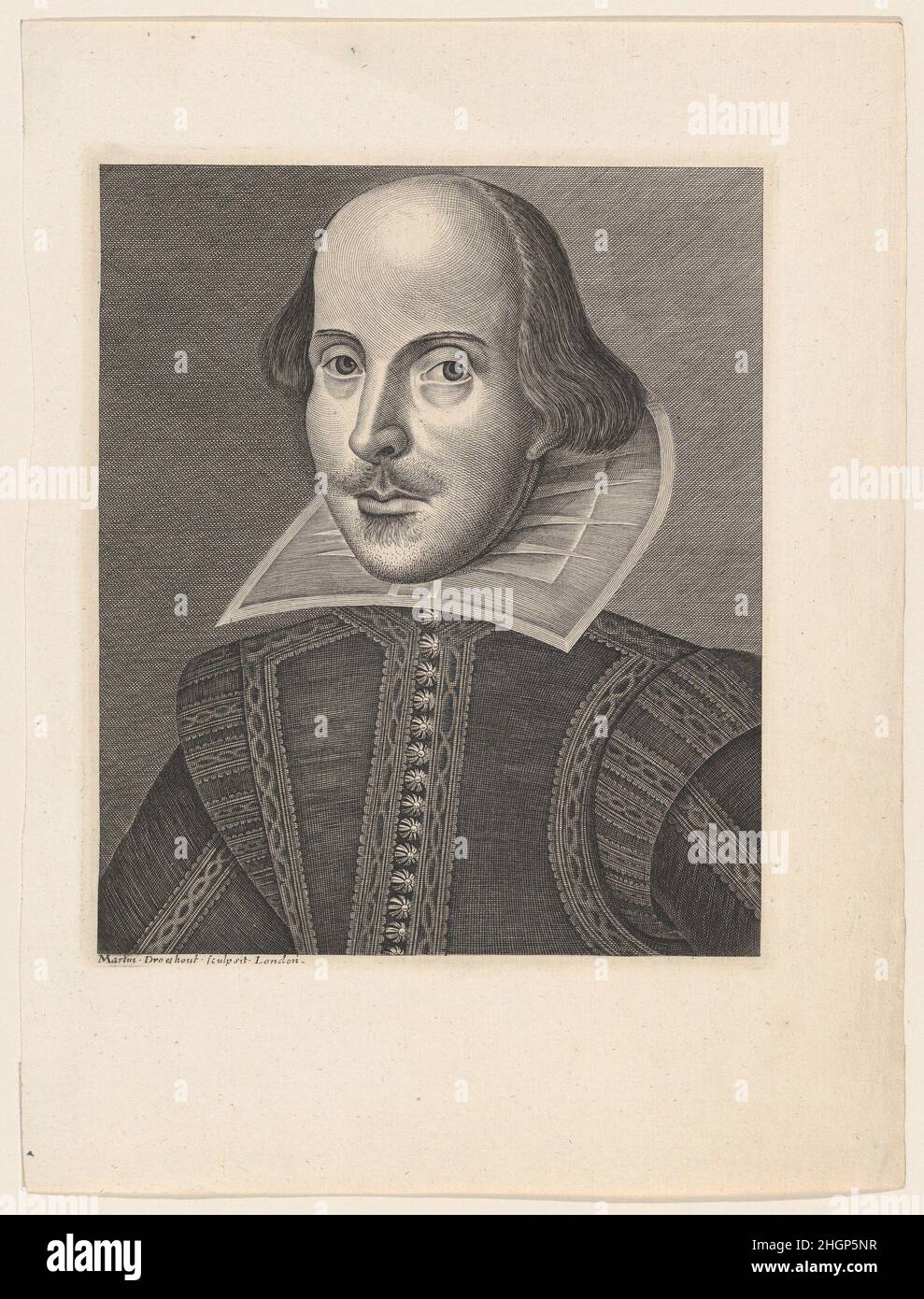 William Shakespeare 19th century After Martin Droeshout the Younger A watermark in the paper used for this print ('MICHALET') tells us that it is a nineteenth-century reproduction of Doeshout's famous portrait engraving. Made originally to embellish the title page of the First Folio (1623), the image portrays Shakespeare with a prominent forehead, long hair covering his ears, a mustache and mouche (patch of hair below his lower lip). He wears a starched white collar, and a doublet adorned with lace or braid and fastened with covered buttons. Since the original image was approved by actor frien Stock Photo