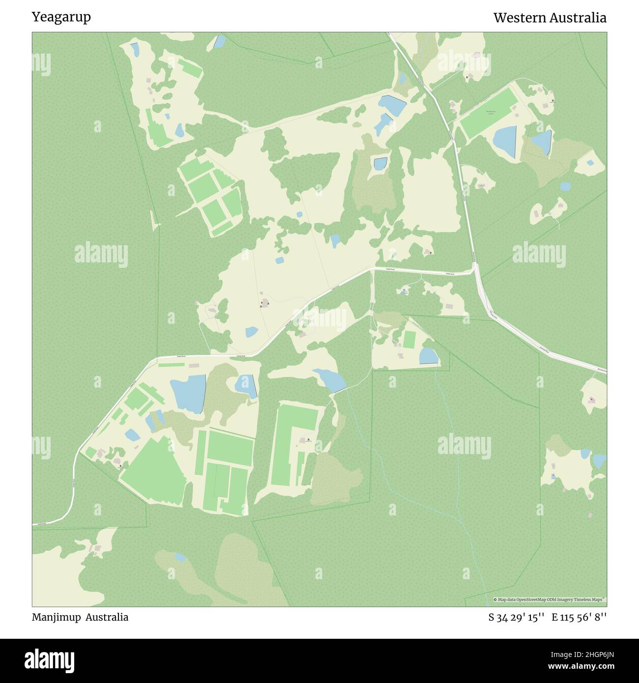 Yeagarup, Manjimup, Australia, Western Australia, S 34 29' 15'', E 115 56' 8'', map, Timeless Map published in 2021. Travelers, explorers and adventurers like Florence Nightingale, David Livingstone, Ernest Shackleton, Lewis and Clark and Sherlock Holmes relied on maps to plan travels to the world's most remote corners, Timeless Maps is mapping most locations on the globe, showing the achievement of great dreams Stock Photo