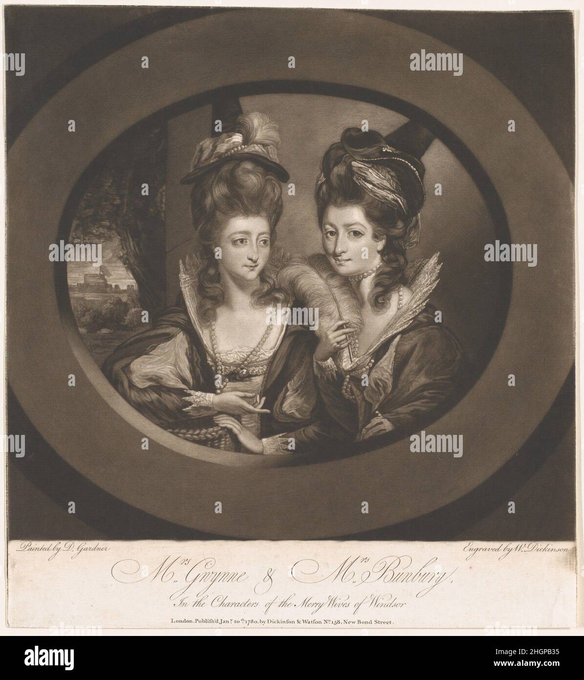 Mrs. Gwyn & Mrs. Bunbury in the Characters of The Merry Wives of Windsor 1780 William Dickinson The double portrait represents the sisters Mary and Catherine Horneck, who moved to London from Devon after their father's death, and were welcomed into the social circle of Sir Joshua Reynolds. In 1771, the younger sister Catherine married Henry William Bunbury, the gentleman artist-caricaturist. In 1779, Mary married Colonel Francis Edward Gwyn, who have distinguished himself in the American Revolutionary War. The sisters appear here in character as Mrs. Ford and Mrs. Page from Shakespeare's 'Merr Stock Photo