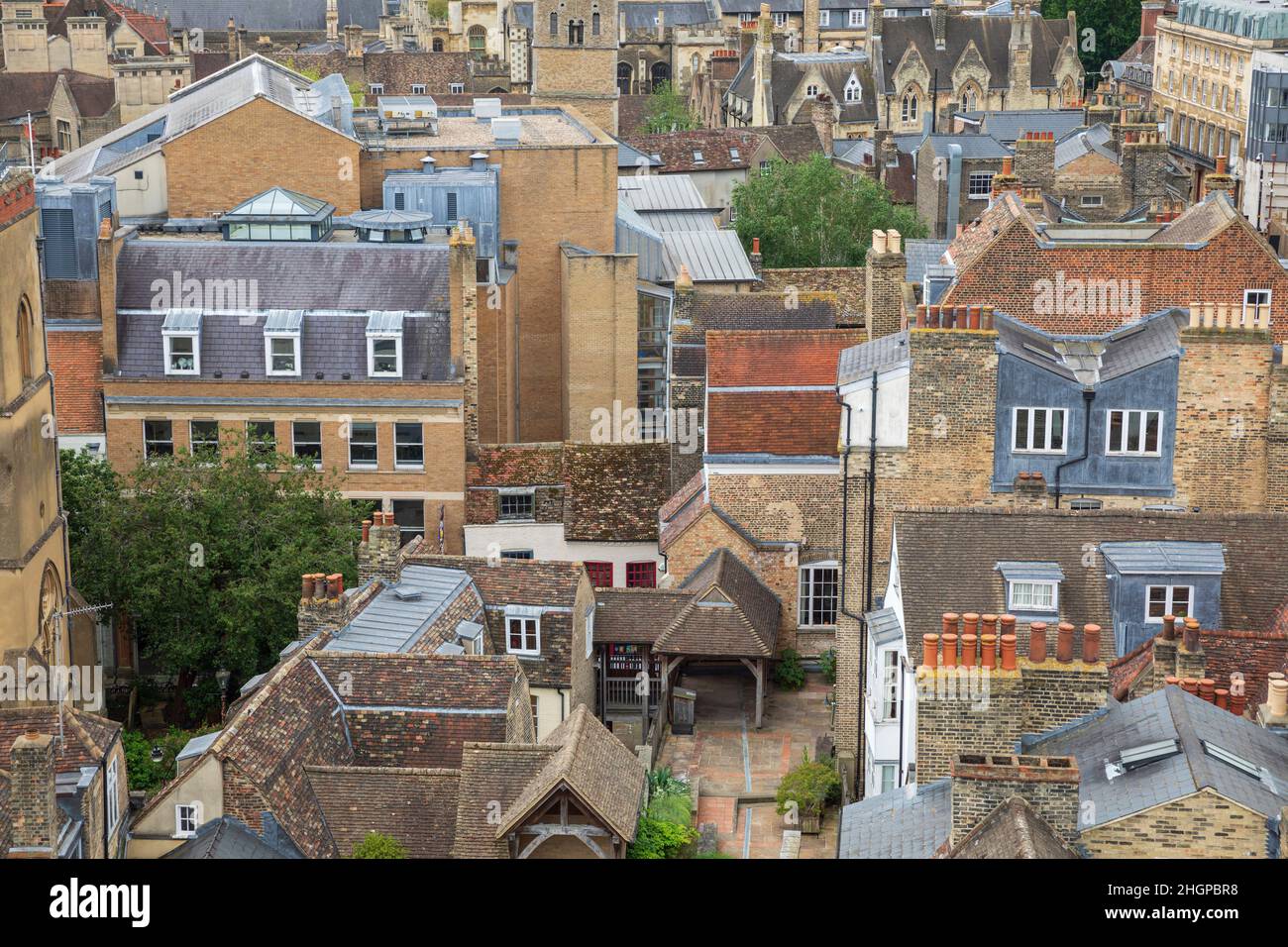 Rooftop view over Cambridge, England, as seen from the tower of Great St Mary's Church. Stock Photo