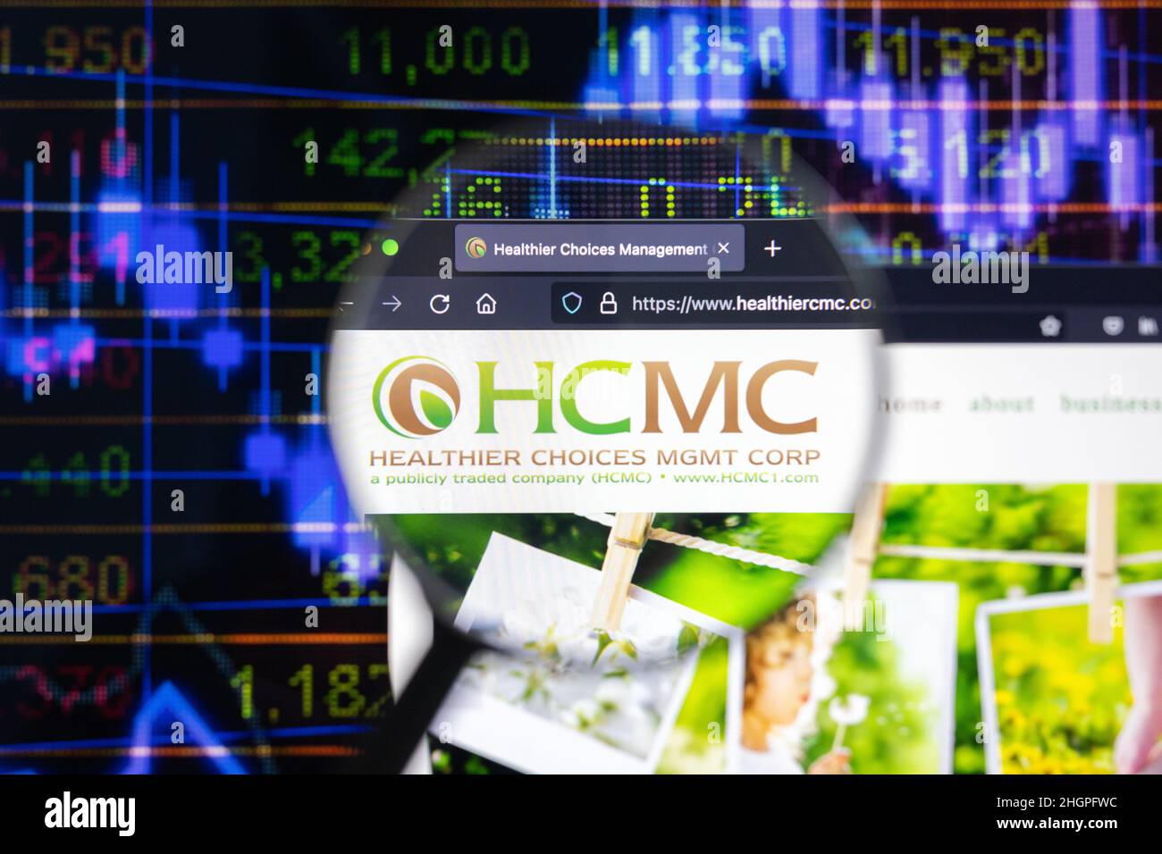 HCMC company logo on a website with blurry stock market developments in the background, seen on a computer screen through a magnifying glass. Stock Photo