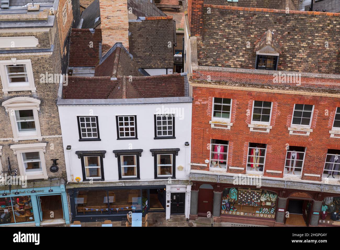 Rooftop view over St. Mary's Passage, Cambridge, England, as seen from the tower of Great St Mary's Church. Stock Photo