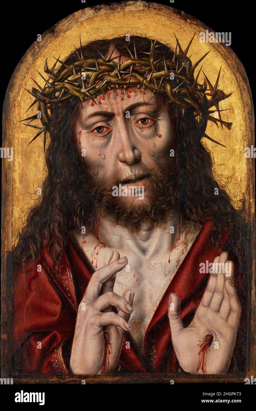 The Man of Sorrows ca. 1525 Workshop of Aelbert Bouts Aelbert Bouts, one of Dieric's sons, is known for his gruesome renditions of devotional subjects painted by his father. The focus on Christ's pain and suffering, expressed in the prominently displayed wounds and blood-drenched face and neck, reflects the tenor of many devotional tracts of the period.. The Man of Sorrows  435760 Stock Photo
