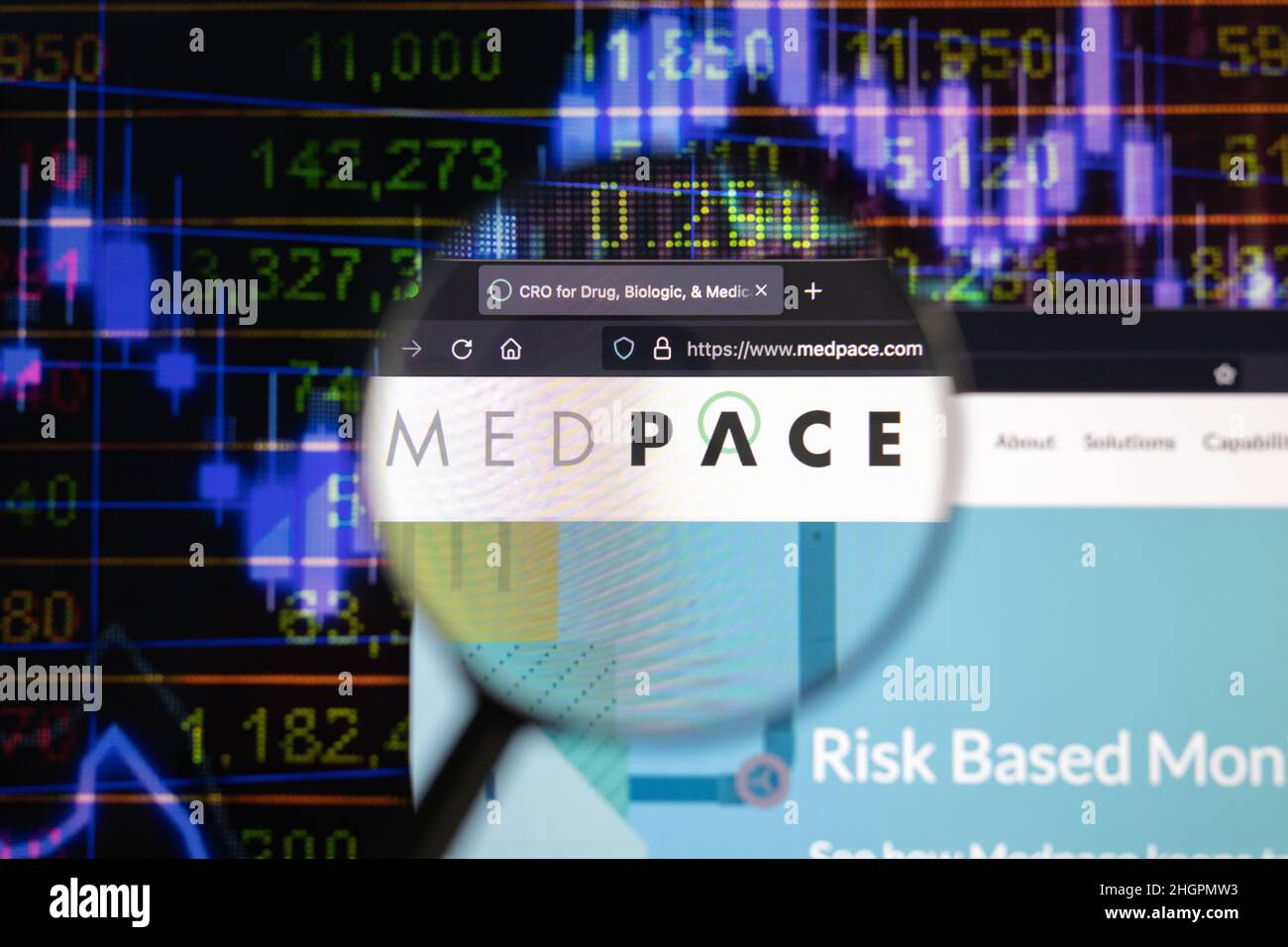 Medpace company logo on a website with blurry stock market developments in the background, seen on a computer screen through a magnifying glass. Stock Photo