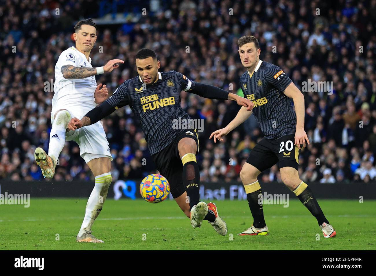 Leeds, UK. 22nd Jan, 2022. Jamaal Lascelles #6 of Newcastle United clears the ball during the Premier League fixture Leeds United vs Newcastle United at Elland Road, Leeds, UK, 22nd January 2022 Credit: News Images /Alamy Live News Stock Photo