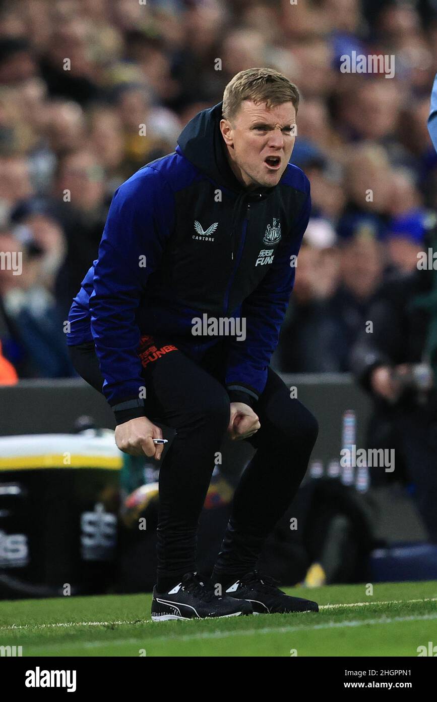 Leeds, UK. 22nd Jan, 2022. Eddie Howe manager of Newcastle United reacts during the Premier League fixture Leeds United vs Newcastle United at Elland Road, Leeds, UK, 22nd January 2022 Credit: News Images /Alamy Live News Stock Photo