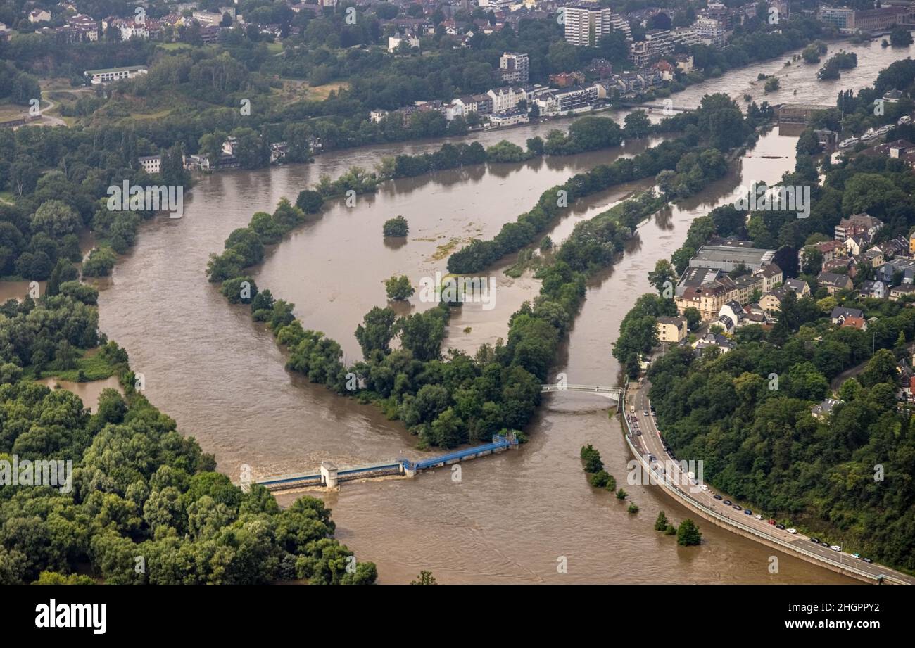 Aerial photograph, Ruhr flood, flooding, Altstadt I - Südwest, Mülheim an der Ruhr, Ruhr area, North Rhine-Westphalia, Germany, Ruhr, high water, heav Stock Photo