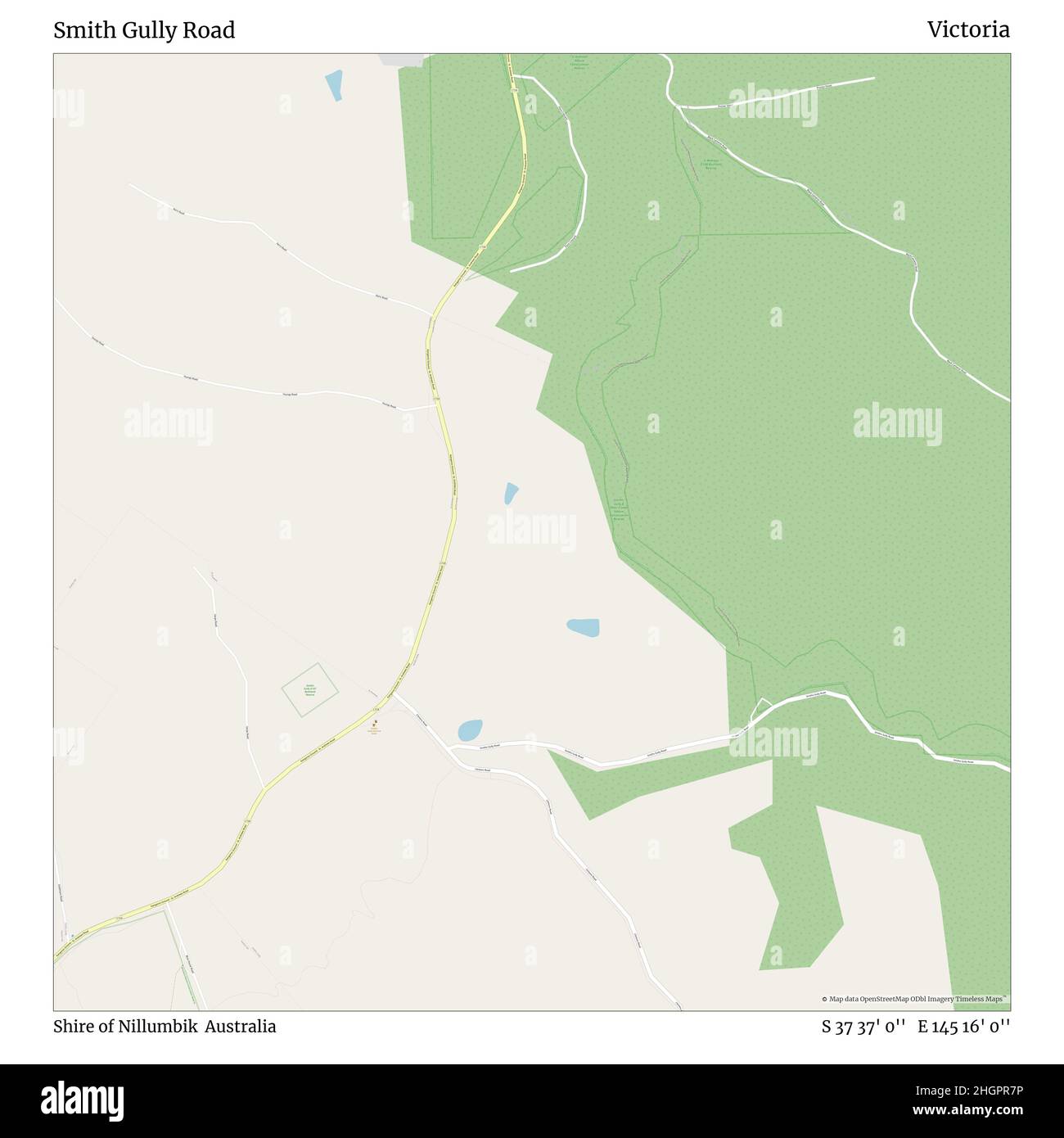 Smith Gully Road, Shire of Nillumbik, Australia, Victoria, S 37 37' 0'', E 145 16' 0'', map, Timeless Map published in 2021. Travelers, explorers and adventurers like Florence Nightingale, David Livingstone, Ernest Shackleton, Lewis and Clark and Sherlock Holmes relied on maps to plan travels to the world's most remote corners, Timeless Maps is mapping most locations on the globe, showing the achievement of great dreams Stock Photo