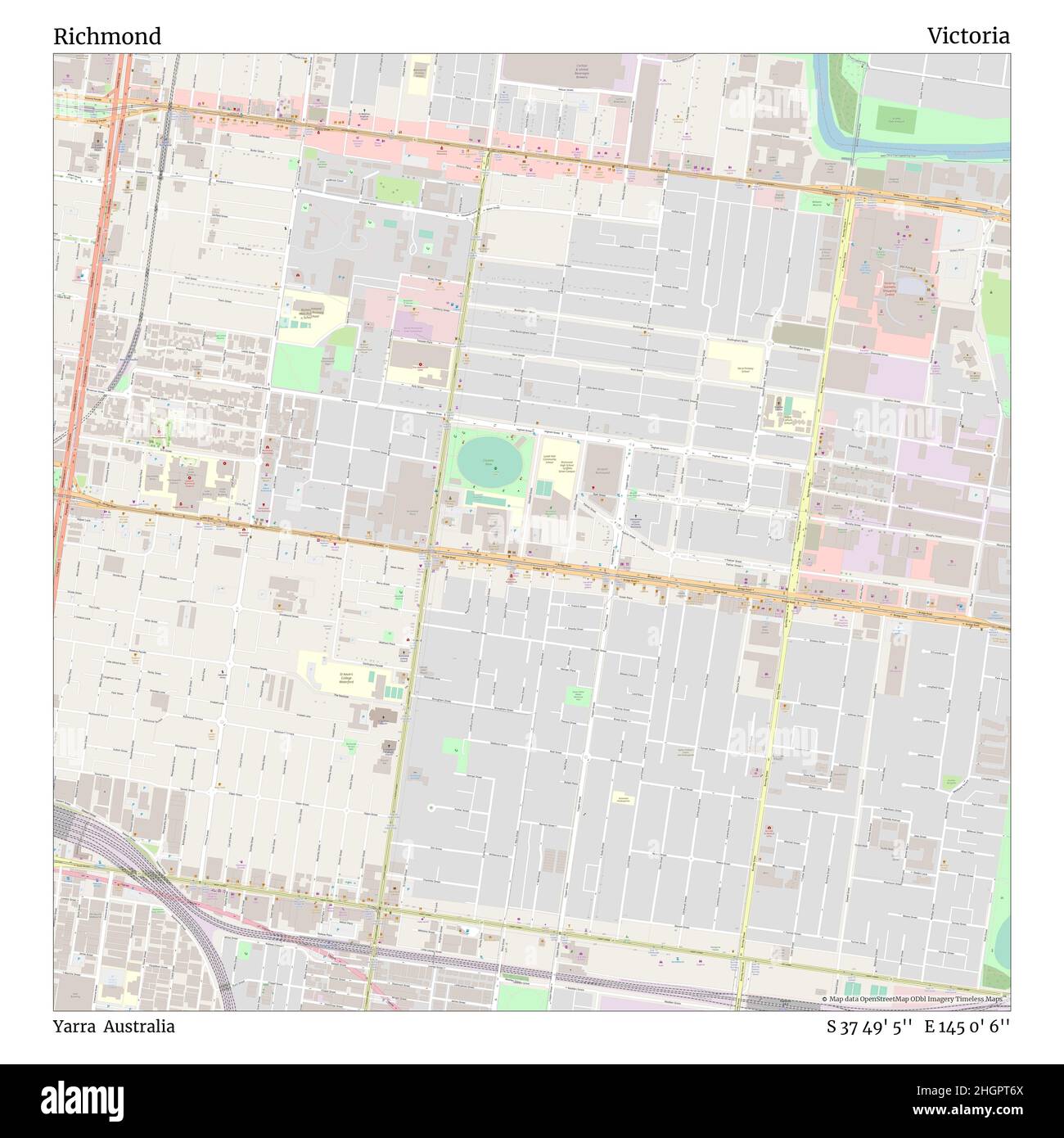 Richmond, Yarra, Australia, Victoria, S 37 49' 5'', E 145 0' 6'', map, Timeless Map published in 2021. Travelers, explorers and adventurers like Florence Nightingale, David Livingstone, Ernest Shackleton, Lewis and Clark and Sherlock Holmes relied on maps to plan travels to the world's most remote corners, Timeless Maps is mapping most locations on the globe, showing the achievement of great dreams Stock Photo