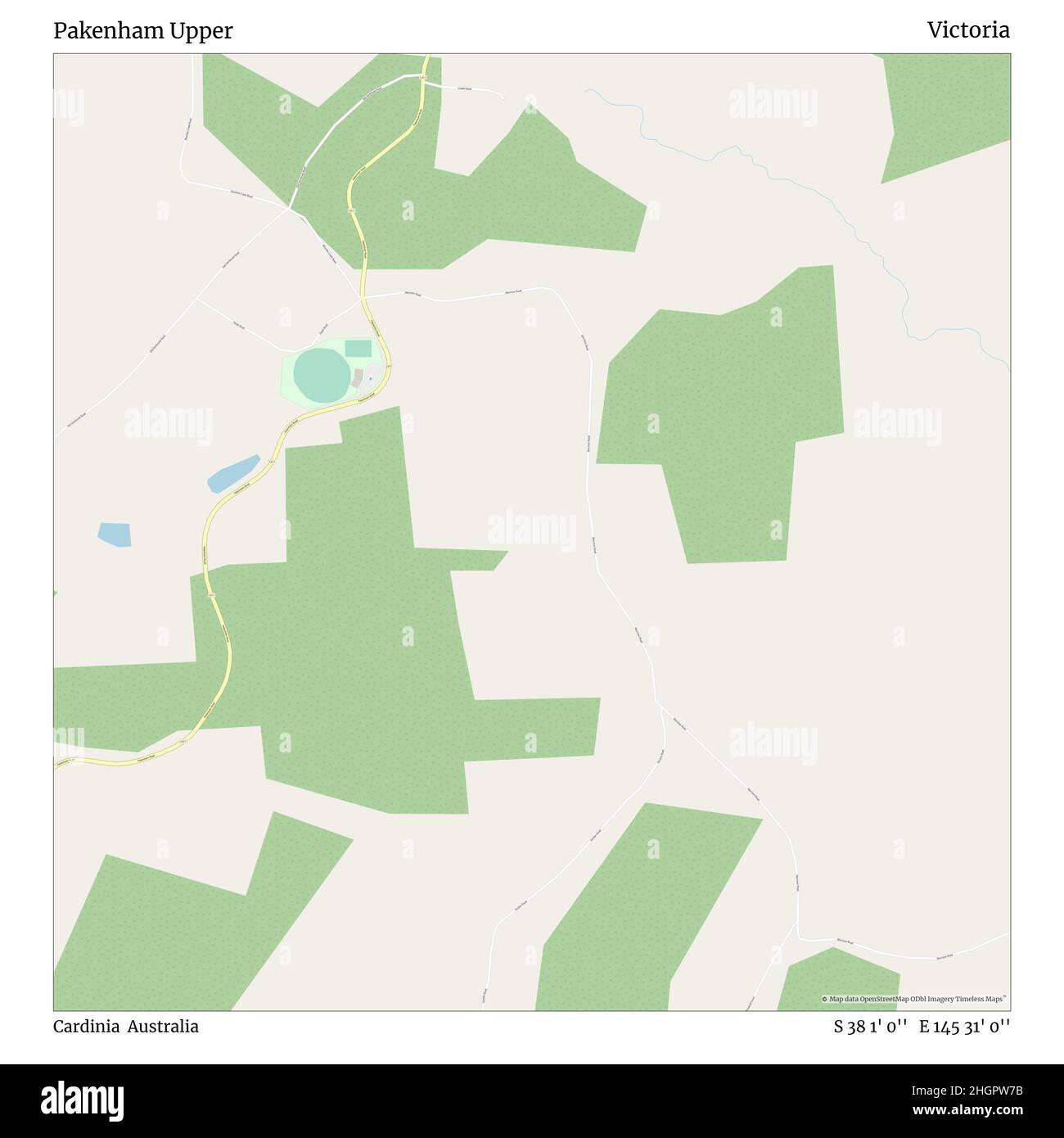 Pakenham Upper, Cardinia, Australia, Victoria, S 38 1' 0'', E 145 31' 0'', map, Timeless Map published in 2021. Travelers, explorers and adventurers like Florence Nightingale, David Livingstone, Ernest Shackleton, Lewis and Clark and Sherlock Holmes relied on maps to plan travels to the world's most remote corners, Timeless Maps is mapping most locations on the globe, showing the achievement of great dreams Stock Photo