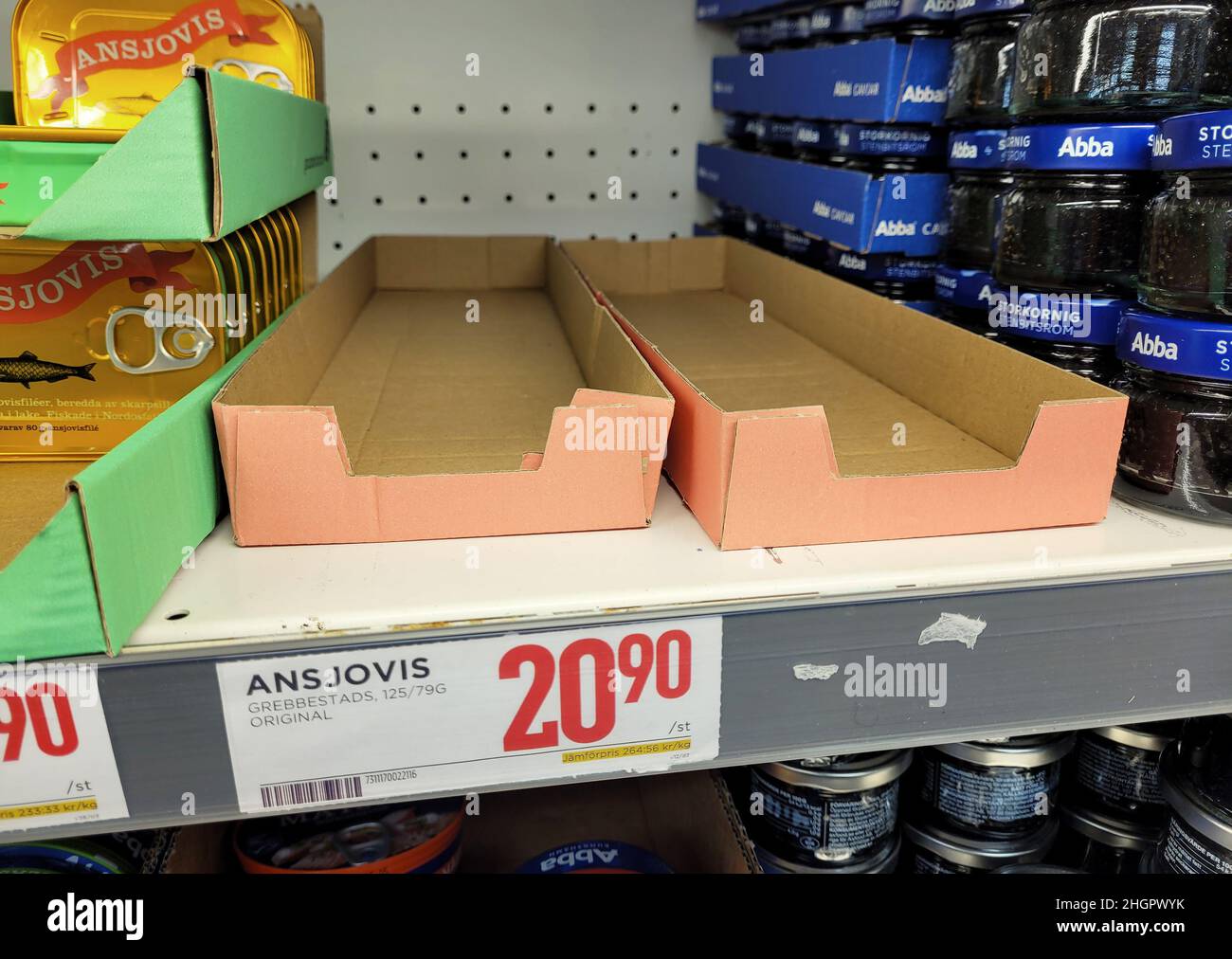 Sold out for anchovies on the shelf in the grocery store Willys the