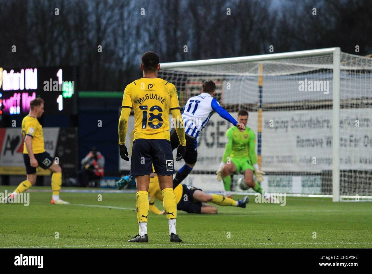 Oxford Uk 22nd Jan 22 Josh Windass 11 Of Sheffield Wednesday Puts The Ball Through The Legs Of Jack Stevens 13 Of Oxford United And Scores To Make It 1 2 In Oxford