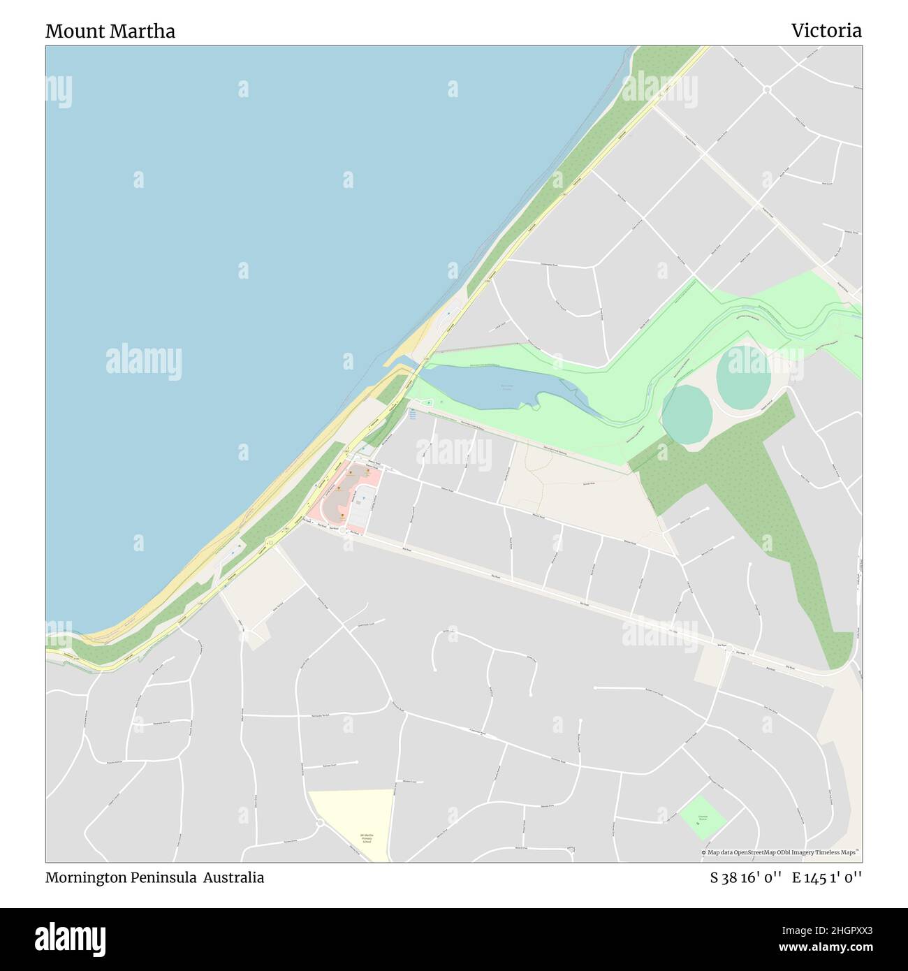 Mount Martha, Mornington Peninsula, Australia, Victoria, S 38 16' 0'', E 145 1' 0'', map, Timeless Map published in 2021. Travelers, explorers and adventurers like Florence Nightingale, David Livingstone, Ernest Shackleton, Lewis and Clark and Sherlock Holmes relied on maps to plan travels to the world's most remote corners, Timeless Maps is mapping most locations on the globe, showing the achievement of great dreams Stock Photo