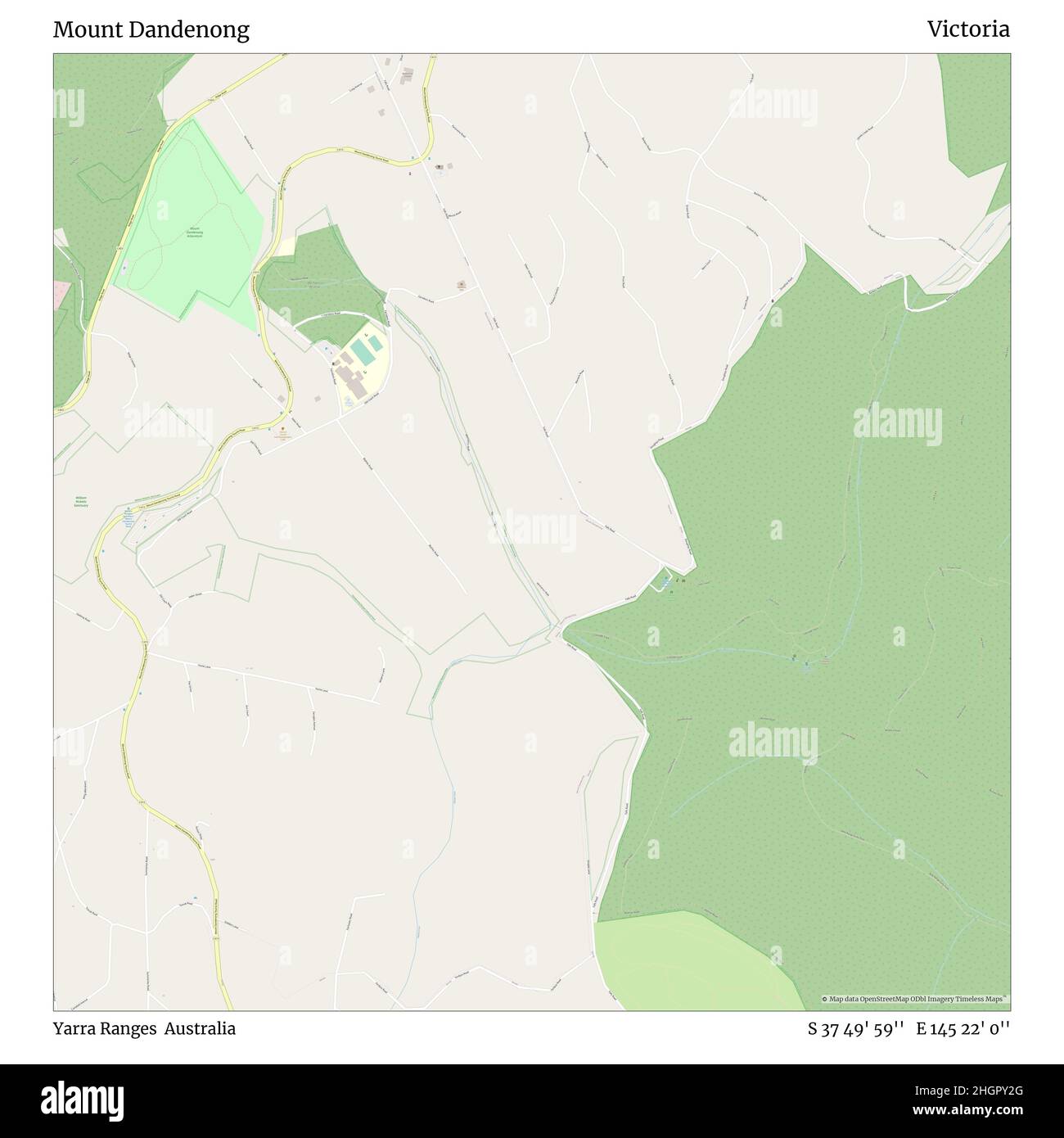 Mount Dandenong, Yarra Ranges, Australia, Victoria, S 37 49' 59'', E 145 22' 0'', map, Timeless Map published in 2021. Travelers, explorers and adventurers like Florence Nightingale, David Livingstone, Ernest Shackleton, Lewis and Clark and Sherlock Holmes relied on maps to plan travels to the world's most remote corners, Timeless Maps is mapping most locations on the globe, showing the achievement of great dreams Stock Photo