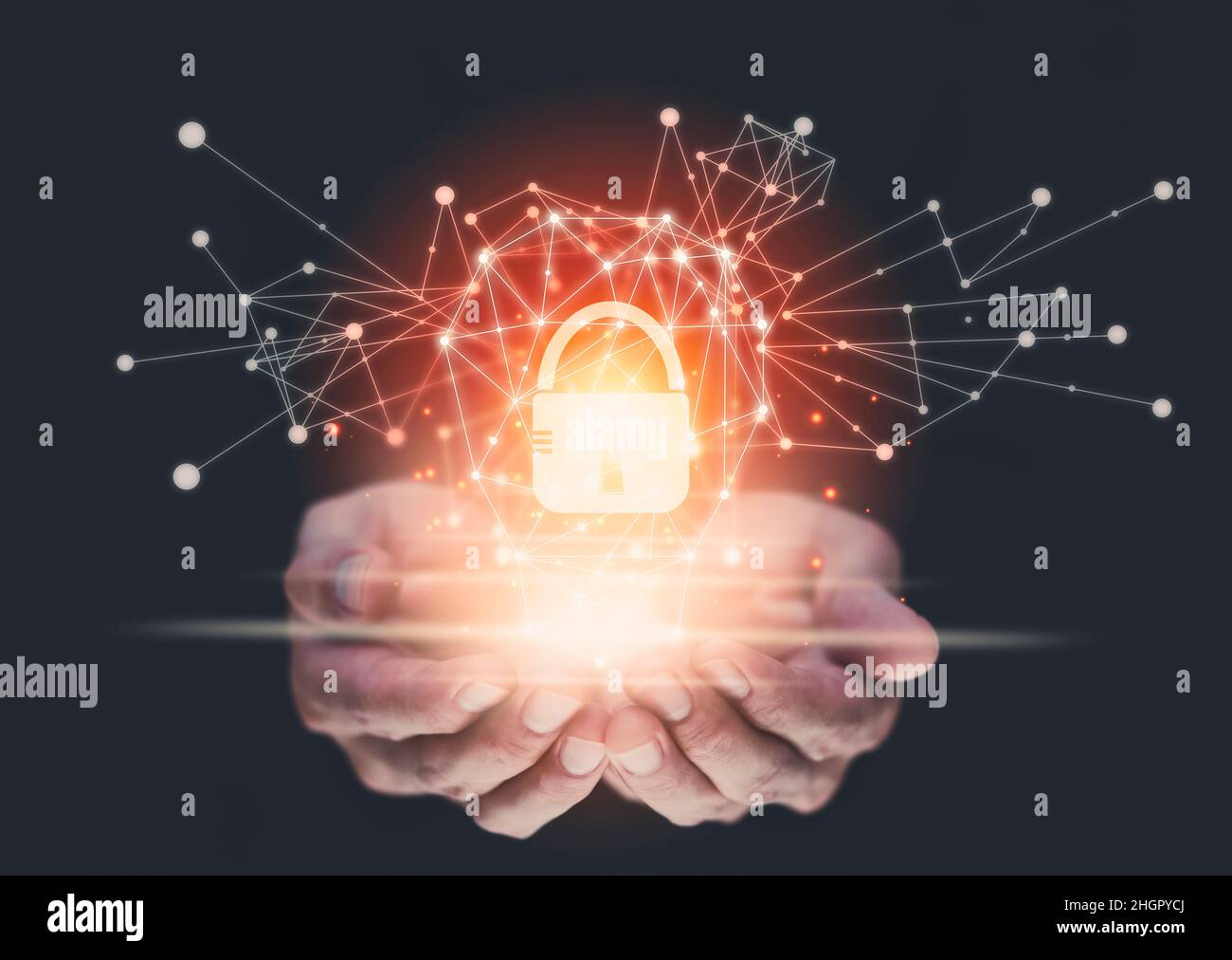 The Man hand holding light bulb with line connect and working on the desk, Creativity and innovation are keys to success.Concept of new idea and innov Stock Photo