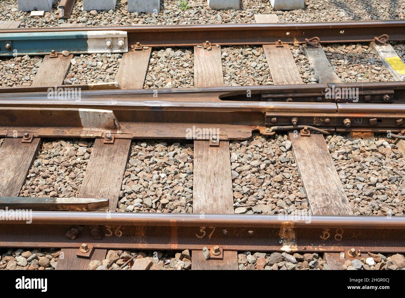 A railway track (British English and UIC terminology) or railroad track (American English), also known as permanent way or simply track, is the struct Stock Photo