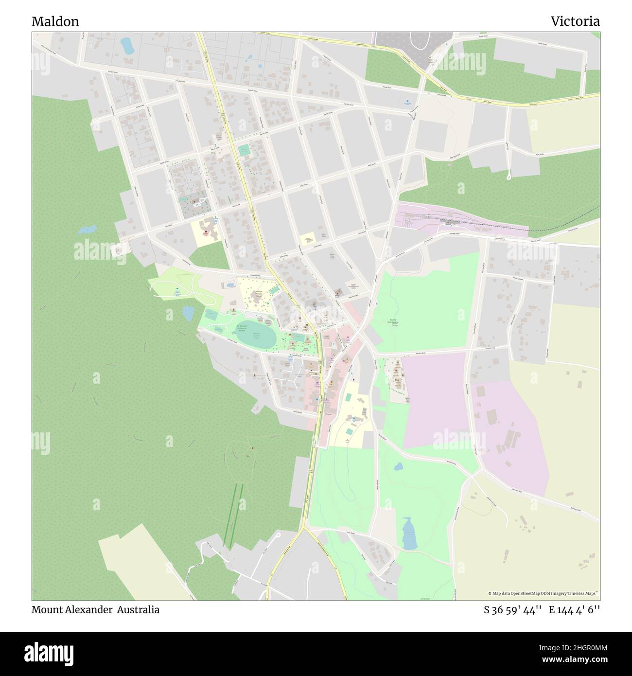 Maldon, Mount Alexander, Australia, Victoria, S 36 59' 44'', E 144 4' 6'', map, Timeless Map published in 2021. Travelers, explorers and adventurers like Florence Nightingale, David Livingstone, Ernest Shackleton, Lewis and Clark and Sherlock Holmes relied on maps to plan travels to the world's most remote corners, Timeless Maps is mapping most locations on the globe, showing the achievement of great dreams Stock Photo