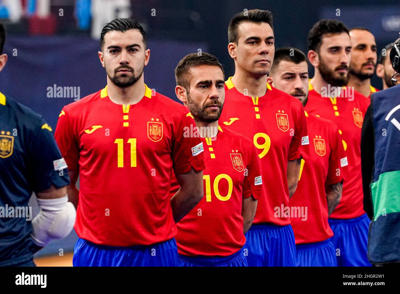 GRONINGEN, NETHERLANDS - JANUARY 22: Team Spain, Chino of Spain, Cecilio Morales of Spain, Sergio Lozano of Spain during the Men's Futsal Euro 2022 Group D match between Spain and the Bosnia and Herzegovina at the Martiniplaza on January 22, 2022 in Groningen, Netherlands (Photo by Andre Weening/Orange Pictures) Stock Photo