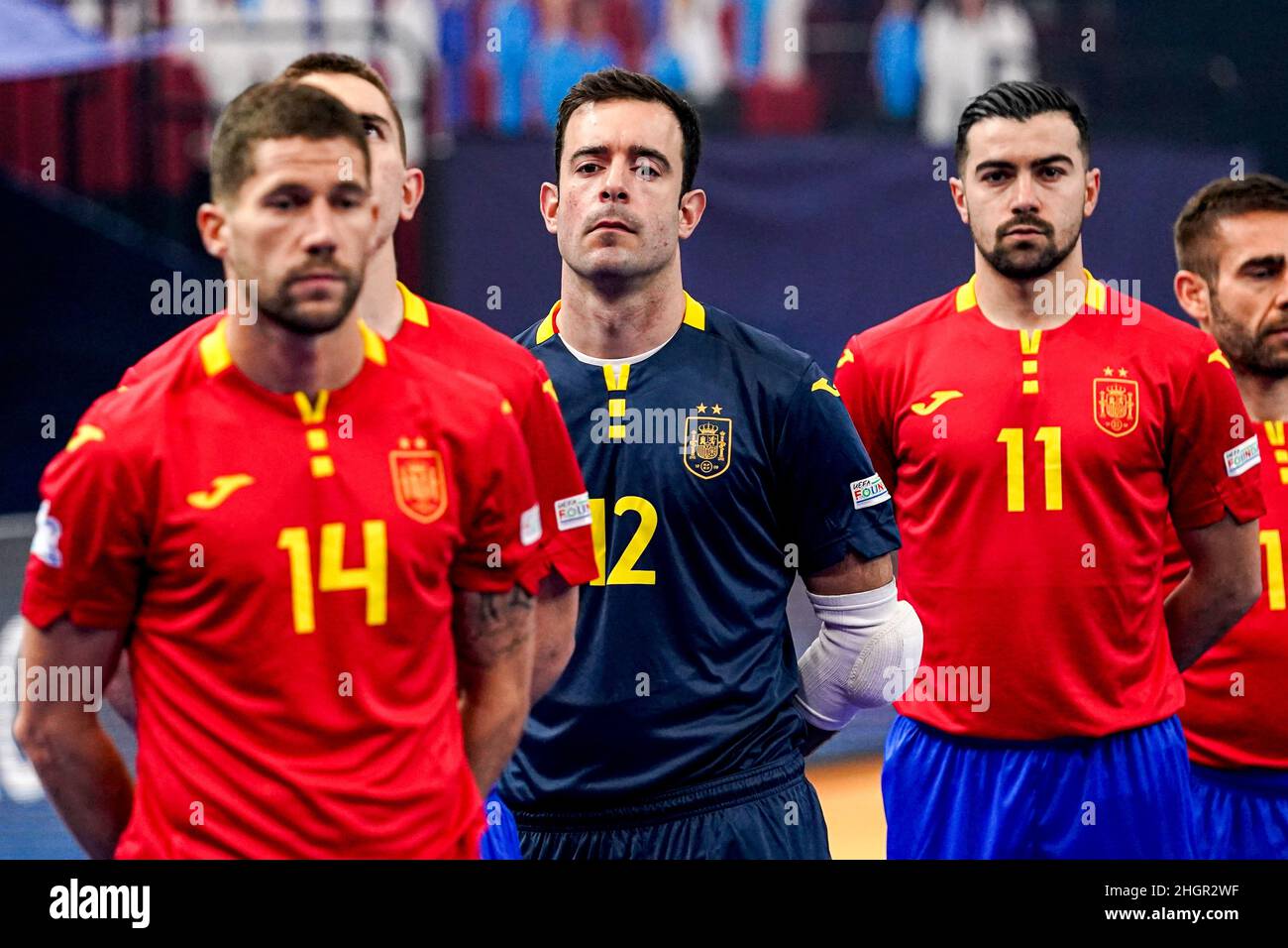 GRONINGEN, NETHERLANDS - JANUARY 22: Team Spain, Raul Campos of Spain, Didac Plana of Spain, Chino during the Men's Futsal Euro 2022 Group D match between Spain and the Bosnia and Herzegovina at the Martiniplaza on January 22, 2022 in Groningen, Netherlands (Photo by Andre Weening/Orange Pictures) Stock Photo