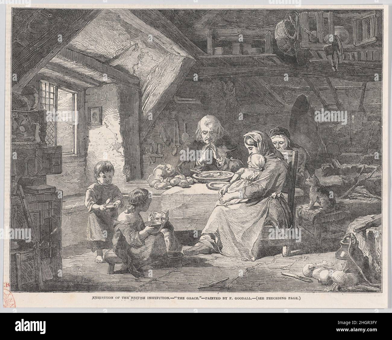 The Grace, from 'Illustrated London News' June 14, 1851 After Frederick Goodall As a family gathers to eat in a humble room, a grandfather blesses the food next to his wife, as a younger woman holds a baby in her lap, and two children sit quietly in the foregound. Thomas's wood engraving reproduces a painting by Frederick Goodall, the second son of the skilled line engraver Edward Goodall. As a child, Frederick and his siblings had been encouraged to pursue art by John Ruskin, Clarkson Stanfield, David Roberts, and J.M.W. Turner. At sixteen, Goodall showed four commissioned watercolors at the Stock Photo