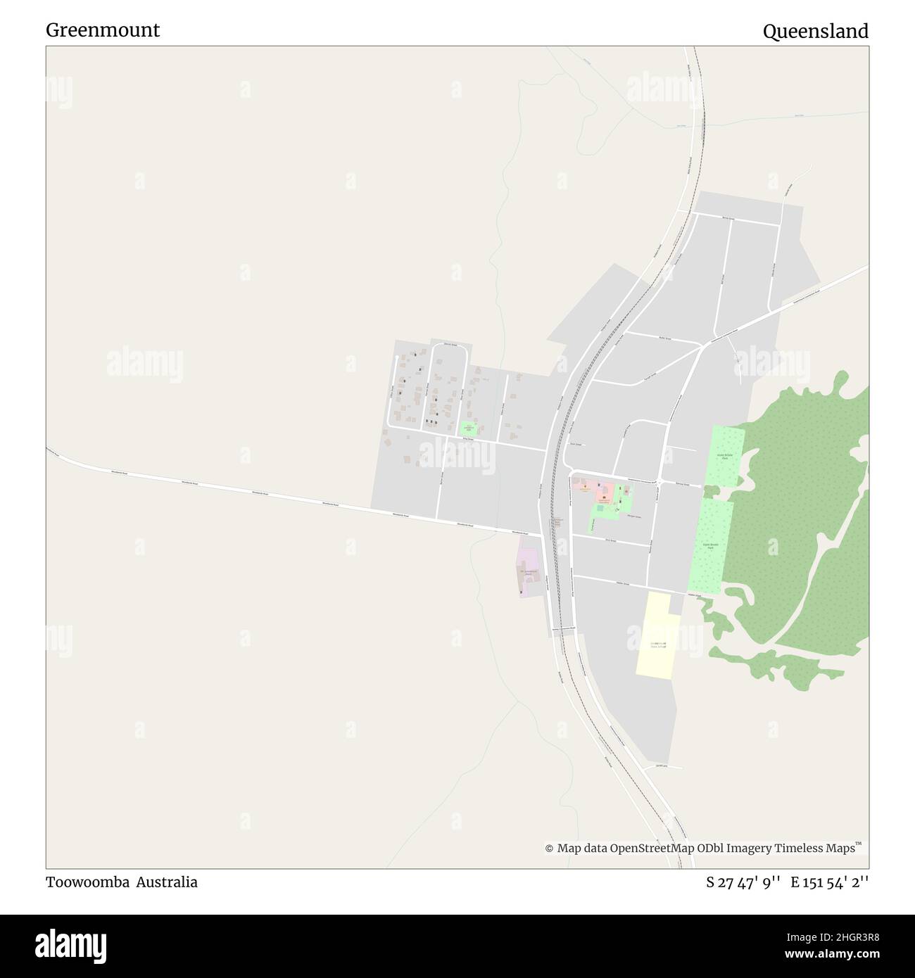 Greenmount, Toowoomba, Australia, Queensland, S 27 47' 9'', E 151 54' 2'', map, Timeless Map published in 2021. Travelers, explorers and adventurers like Florence Nightingale, David Livingstone, Ernest Shackleton, Lewis and Clark and Sherlock Holmes relied on maps to plan travels to the world's most remote corners, Timeless Maps is mapping most locations on the globe, showing the achievement of great dreams Stock Photo