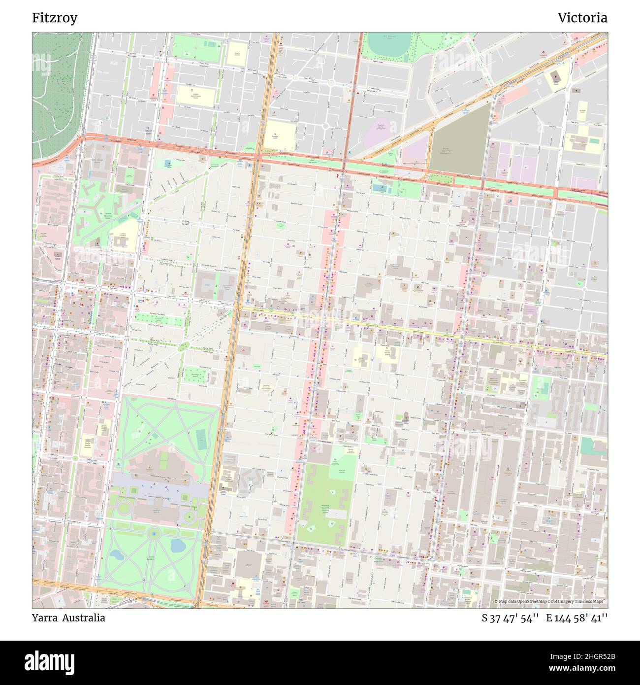 Fitzroy, Yarra, Australia, Victoria, S 37 47' 54'', E 144 58' 41'', map, Timeless Map published in 2021. Travelers, explorers and adventurers like Florence Nightingale, David Livingstone, Ernest Shackleton, Lewis and Clark and Sherlock Holmes relied on maps to plan travels to the world's most remote corners, Timeless Maps is mapping most locations on the globe, showing the achievement of great dreams Stock Photo