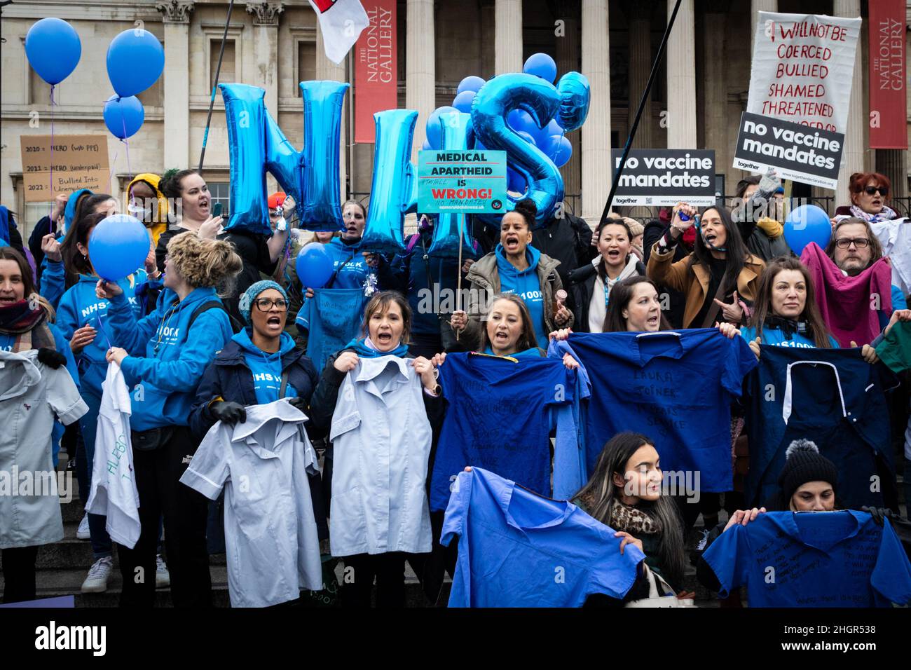 London, UK. 22nd Jan, 2022. As the mandate to get vaccinated against COVID-19 draws ever closer NHS workers join the protest. The anti-lockdown demonstration was organised by the World Wide Rally For Freedom movement. Credit: Andy Barton/Alamy Live News Stock Photo