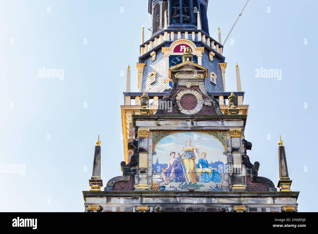 Alkmaar, The Netherlands - July 23, 2021: Painting at building De Waag with Cheese museum in Alkmaar North-Holland, The Netherlands Stock Photo