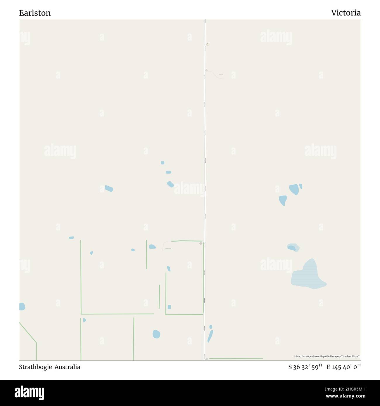 Earlston, Strathbogie, Australia, Victoria, S 36 32' 59'', E 145 40' 0'', map, Timeless Map published in 2021. Travelers, explorers and adventurers like Florence Nightingale, David Livingstone, Ernest Shackleton, Lewis and Clark and Sherlock Holmes relied on maps to plan travels to the world's most remote corners, Timeless Maps is mapping most locations on the globe, showing the achievement of great dreams Stock Photo