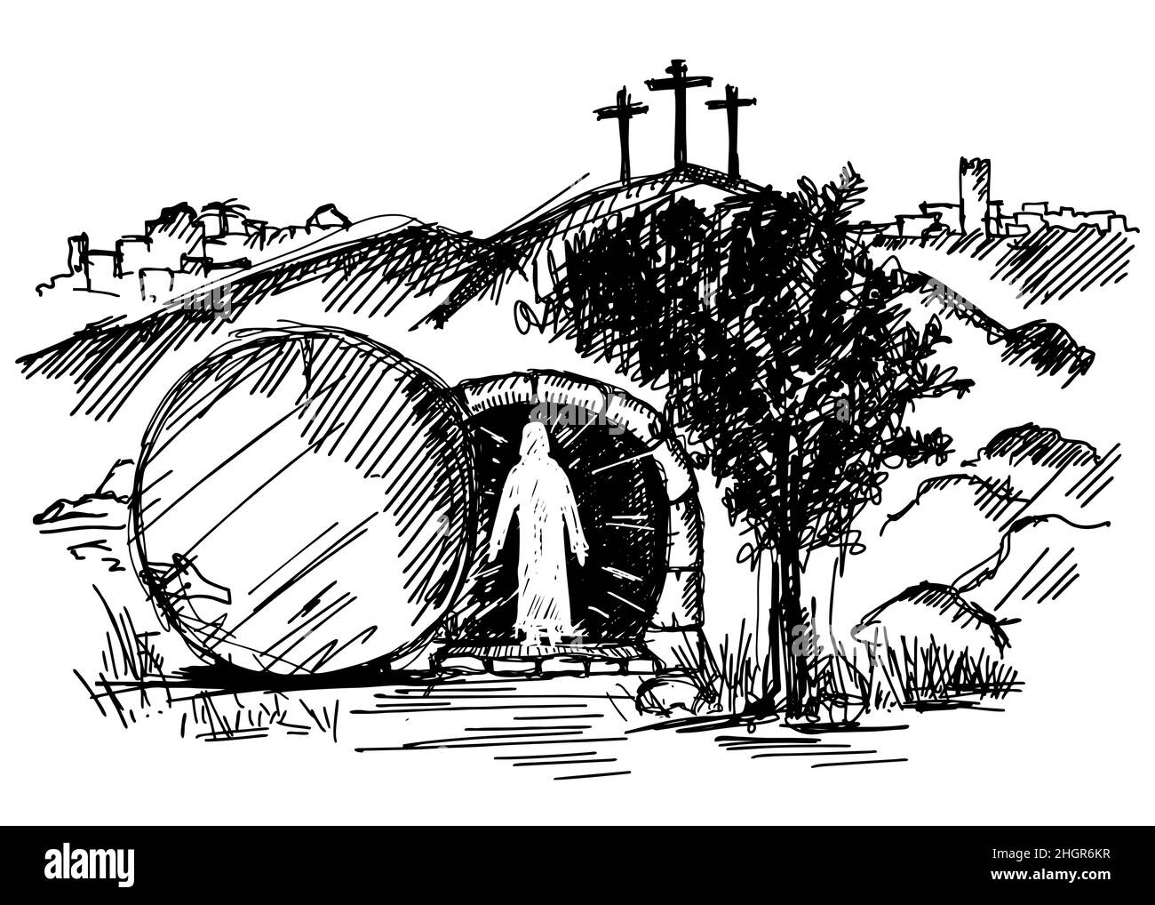 Empty tomb of Jesus Christ. Crucifixion on Calvary. City of Jerusalem. Easter sketch. Stock Vector