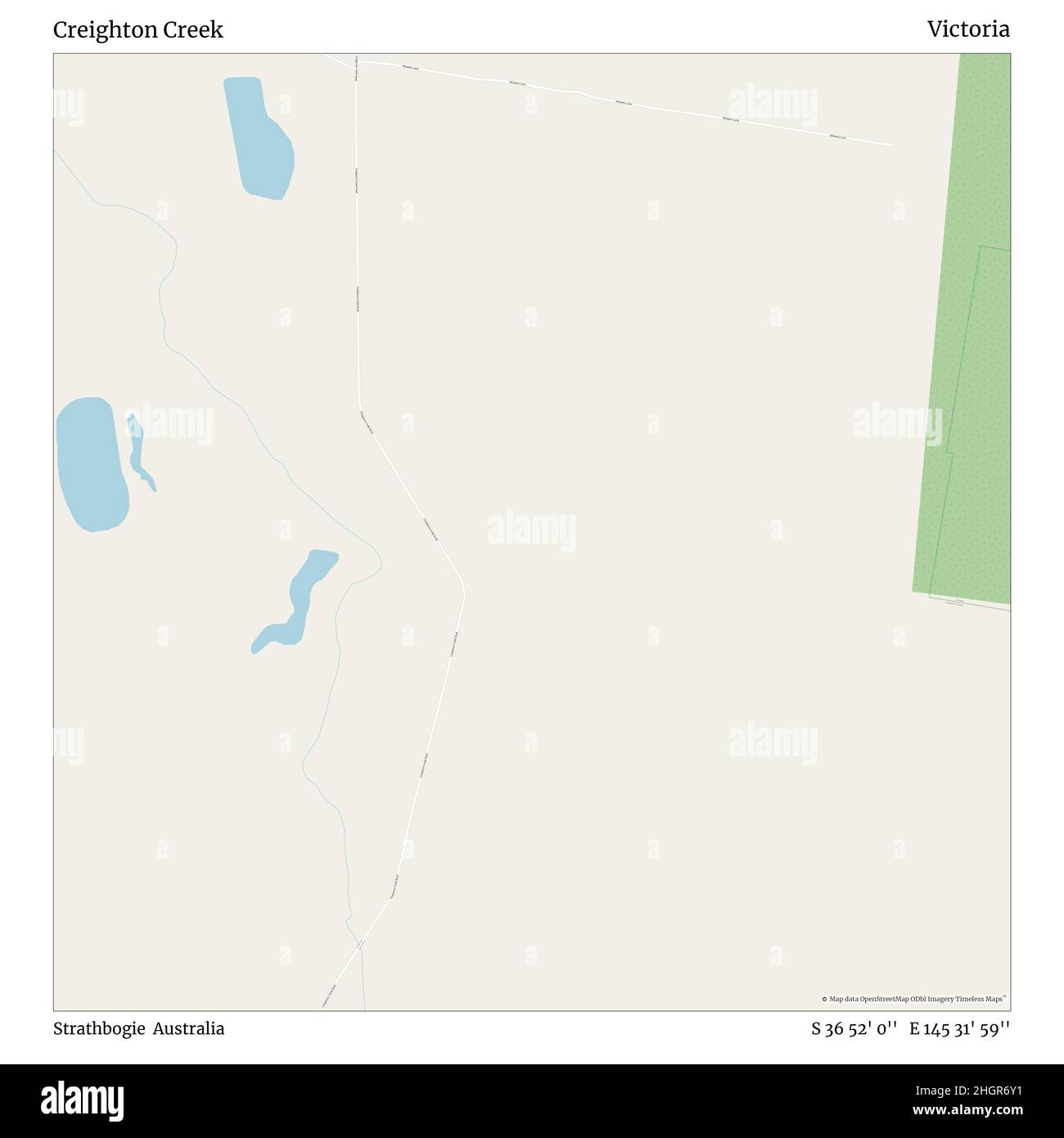 Creighton Creek, Strathbogie, Australia, Victoria, S 36 52' 0'', E 145 31' 59'', map, Timeless Map published in 2021. Travelers, explorers and adventurers like Florence Nightingale, David Livingstone, Ernest Shackleton, Lewis and Clark and Sherlock Holmes relied on maps to plan travels to the world's most remote corners, Timeless Maps is mapping most locations on the globe, showing the achievement of great dreams Stock Photo