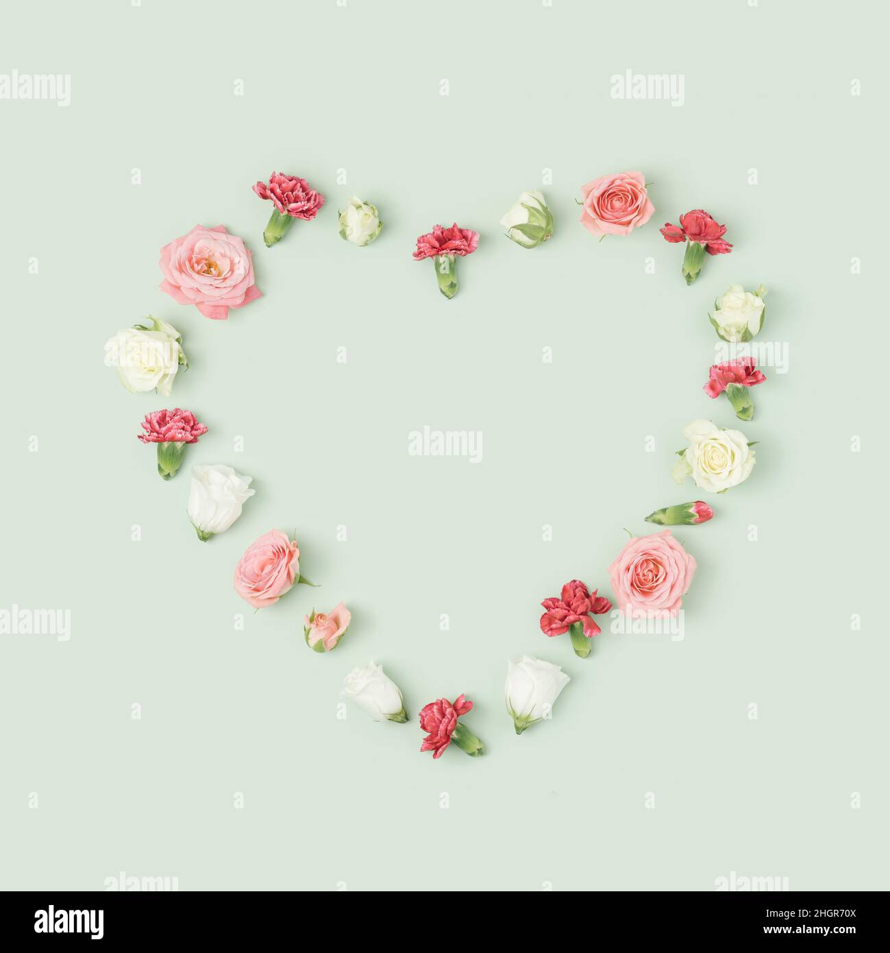 Various colorful spring flowers heart layout on a light green background. Valentine's day minimal concept. Stock Photo