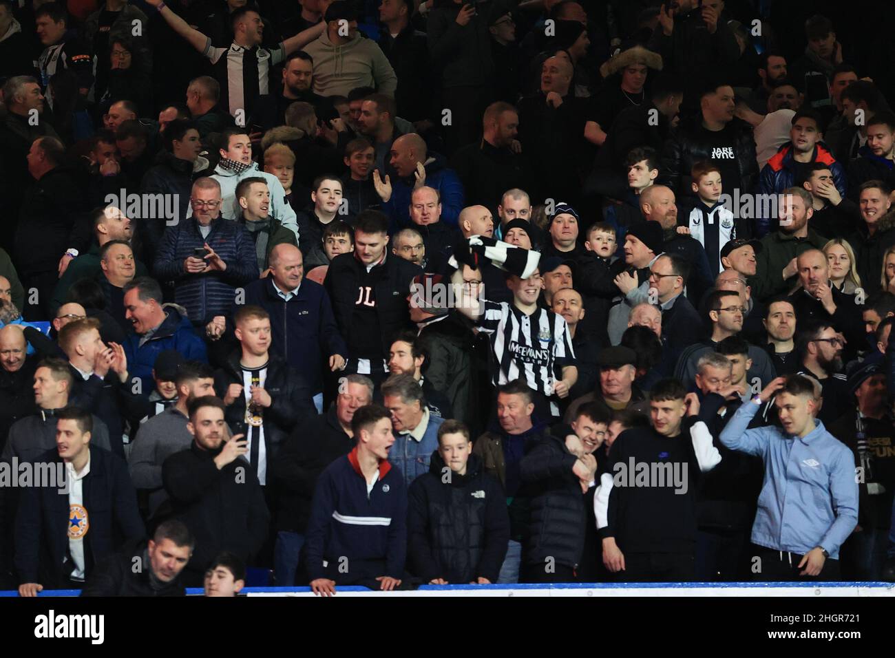 Newcastle fans celebrate the 0-1 win following the Premier League fixture Leeds United vs Newcastle United at Elland Road, Leeds, UK. 22nd Jan, 2022. Credit: News Images /Alamy Live News Stock Photo