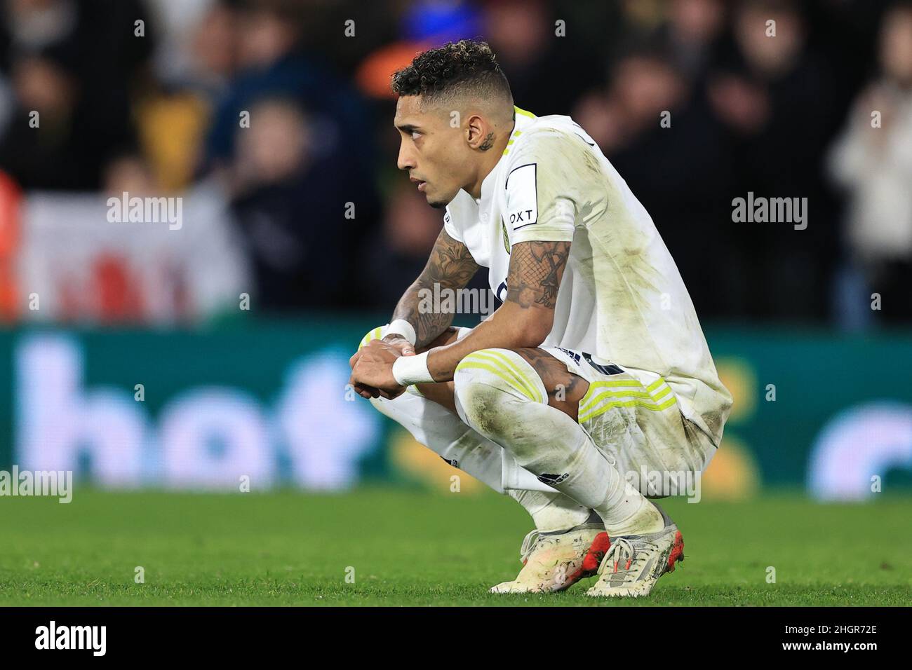 Leeds, UK. 22nd Jan, 2022. Raphinha #10 of Leeds United looks dejected after the 0-1 loss during the Premier League fixture Leeds United vs Newcastle United at Elland Road, Leeds, UK, 22nd January 2022 Credit: News Images /Alamy Live News Stock Photo