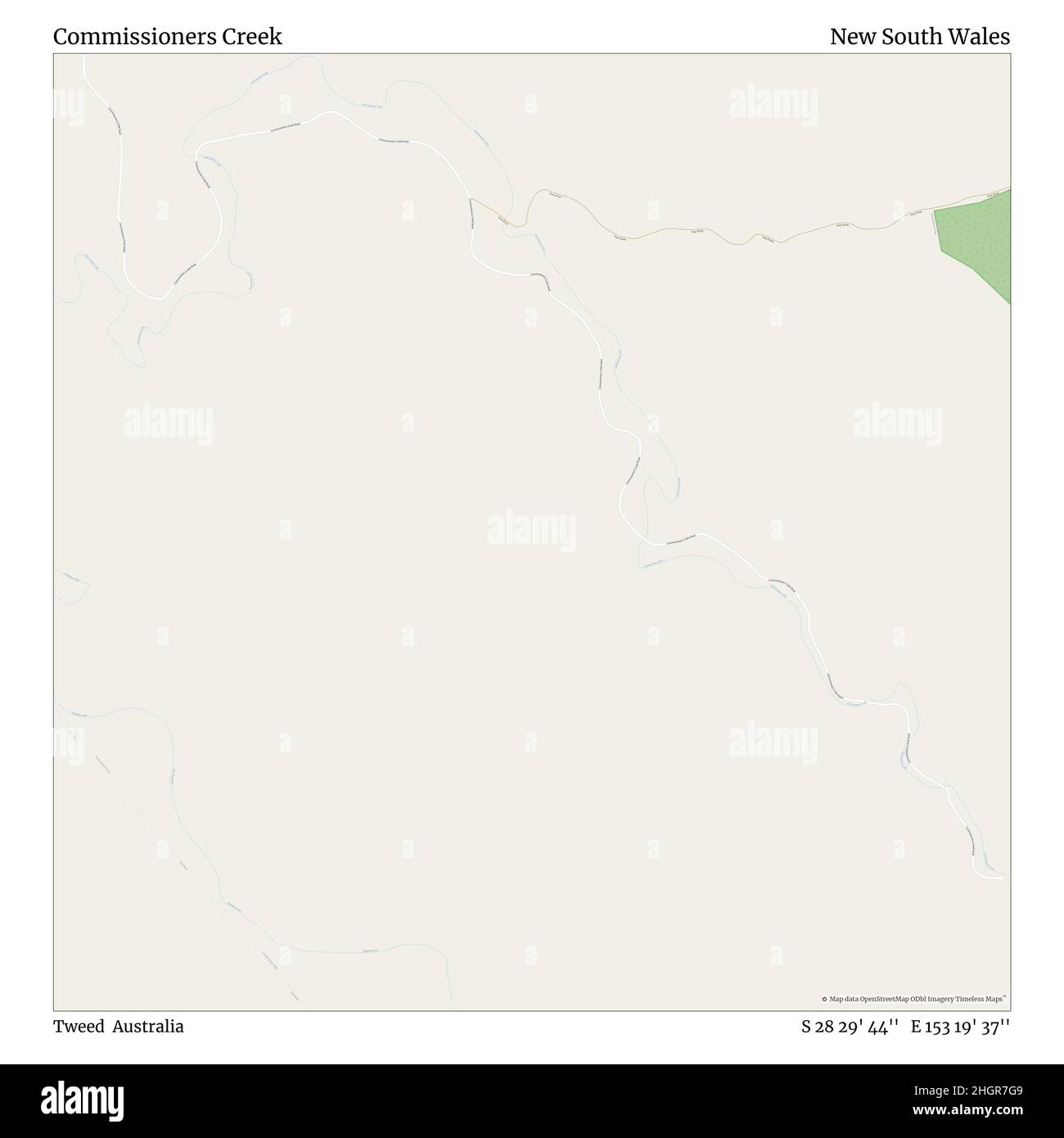 Commissioners Creek, Tweed, Australia, New South Wales, S 28 29' 44'', E 153 19' 37'', map, Timeless Map published in 2021. Travelers, explorers and adventurers like Florence Nightingale, David Livingstone, Ernest Shackleton, Lewis and Clark and Sherlock Holmes relied on maps to plan travels to the world's most remote corners, Timeless Maps is mapping most locations on the globe, showing the achievement of great dreams Stock Photo