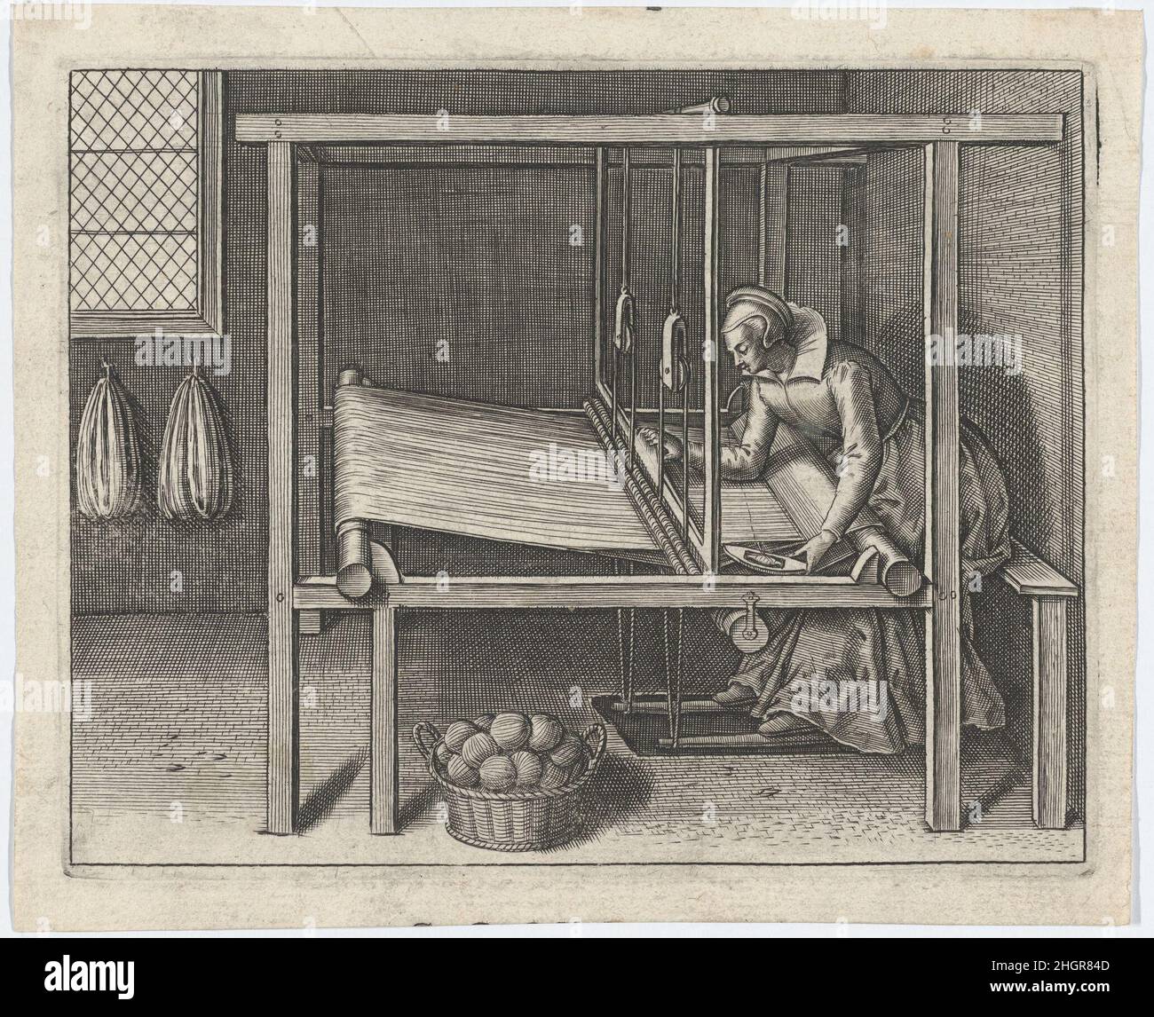 Enigmes Joyeuses pour les Bons Esprits, Plate 5 ca. 1615 Jan van Haelbeeck Fifth plate of a group of 9 plates with small domestic scenes, engraved by Jan van Haelbeeck, which were either were made for, or reused by Jean Leclerc around 1615 in the sonnet series ‘Enigmes Joyeuses pour les Bons Esprits’, in which they were each published with a sonnet that hinted at the double meaning of the activities. In this plate, a working-class woman, weaves a textile inside a dark room with a small window. She reclines over the loom, while weaving the cloth, and a basket with rolls of wool is placed undern Stock Photo