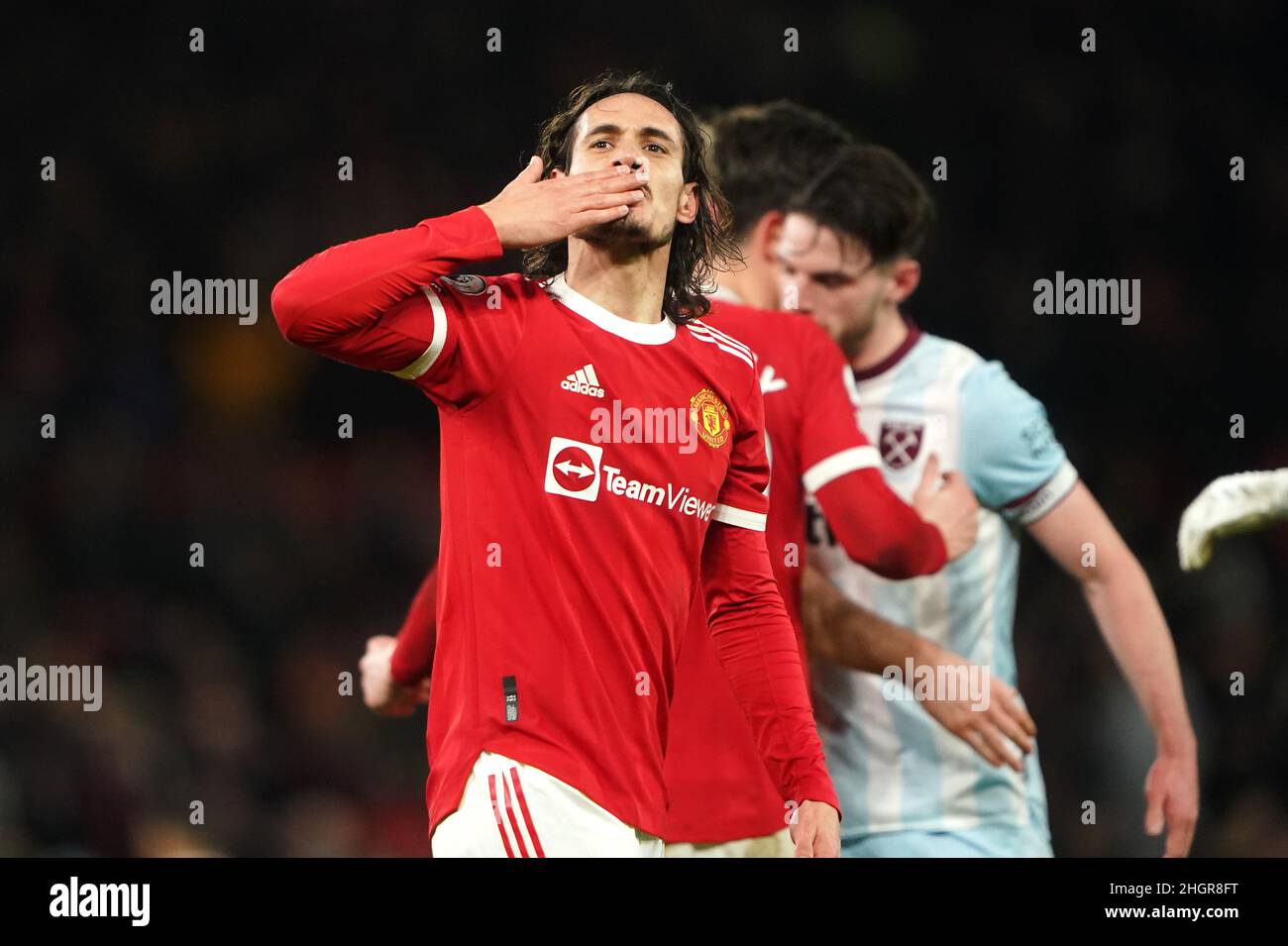 Manchester United's Edinson Cavani celebrates after the Premier League match at Old Trafford, Manchester. Picture date: Saturday January 22, 2022. Stock Photo