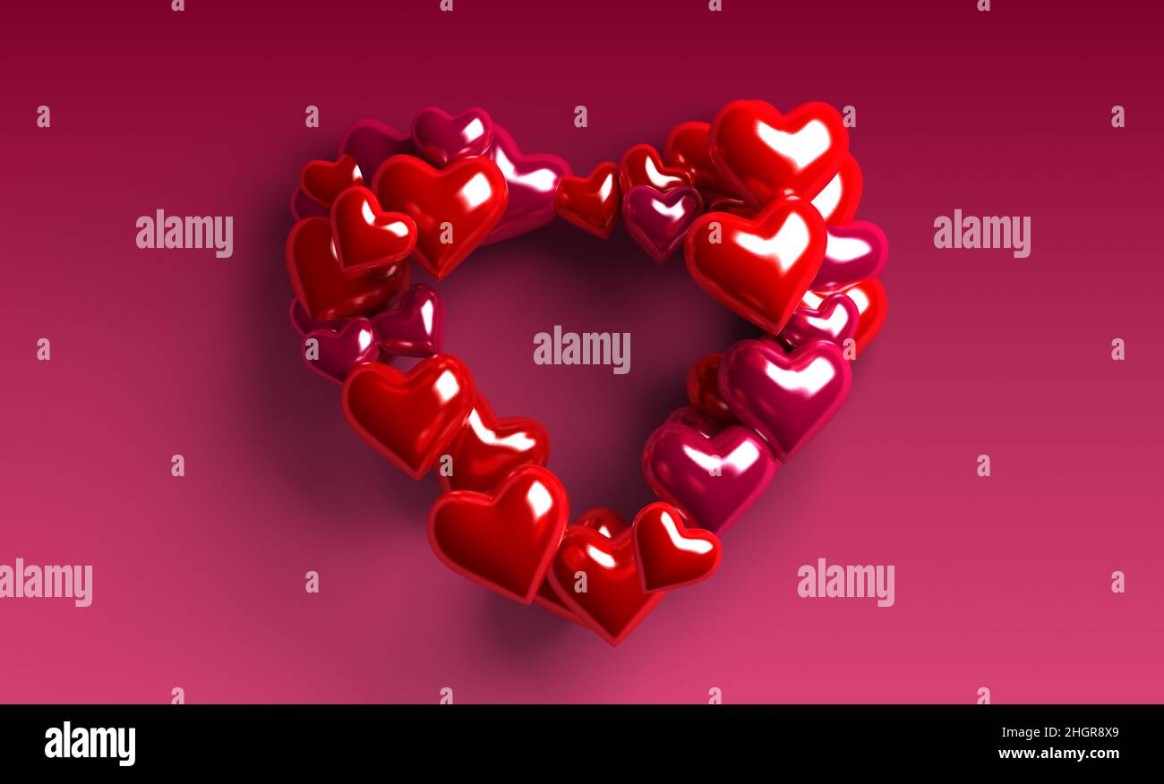 Realistic 3D Colorful Romantic Valentine Hearts in Red Background. 3d rendering Stock Photo
