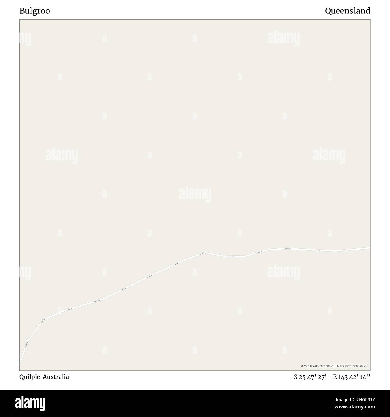 Bulgroo, Quilpie, Australia, Queensland, S 25 47' 27'', E 143 42' 14'', map, Timeless Map published in 2021. Travelers, explorers and adventurers like Florence Nightingale, David Livingstone, Ernest Shackleton, Lewis and Clark and Sherlock Holmes relied on maps to plan travels to the world's most remote corners, Timeless Maps is mapping most locations on the globe, showing the achievement of great dreams Stock Photo