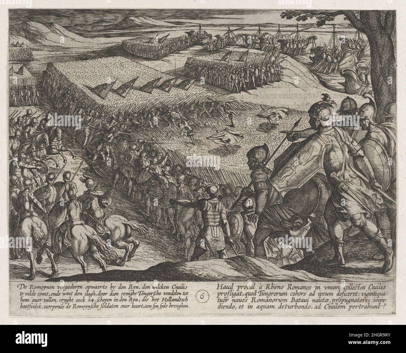 Plate 6: Romans Defeated Near the Rhine, from The War of the Romans Against the Batavians (Romanorvm et Batavorvm Societas) 1611 Antonio Tempesta Italian. Plate 6: Romans Defeated Near the Rhine, from The War of the Romans Against the Batavians (Romanorvm et Batavorvm Societas). Antonio Tempesta (Italian, Florence 1555–1630 Rome). 1611. Etching, first state of two, issue 1 (Bartsch). Prints Stock Photo